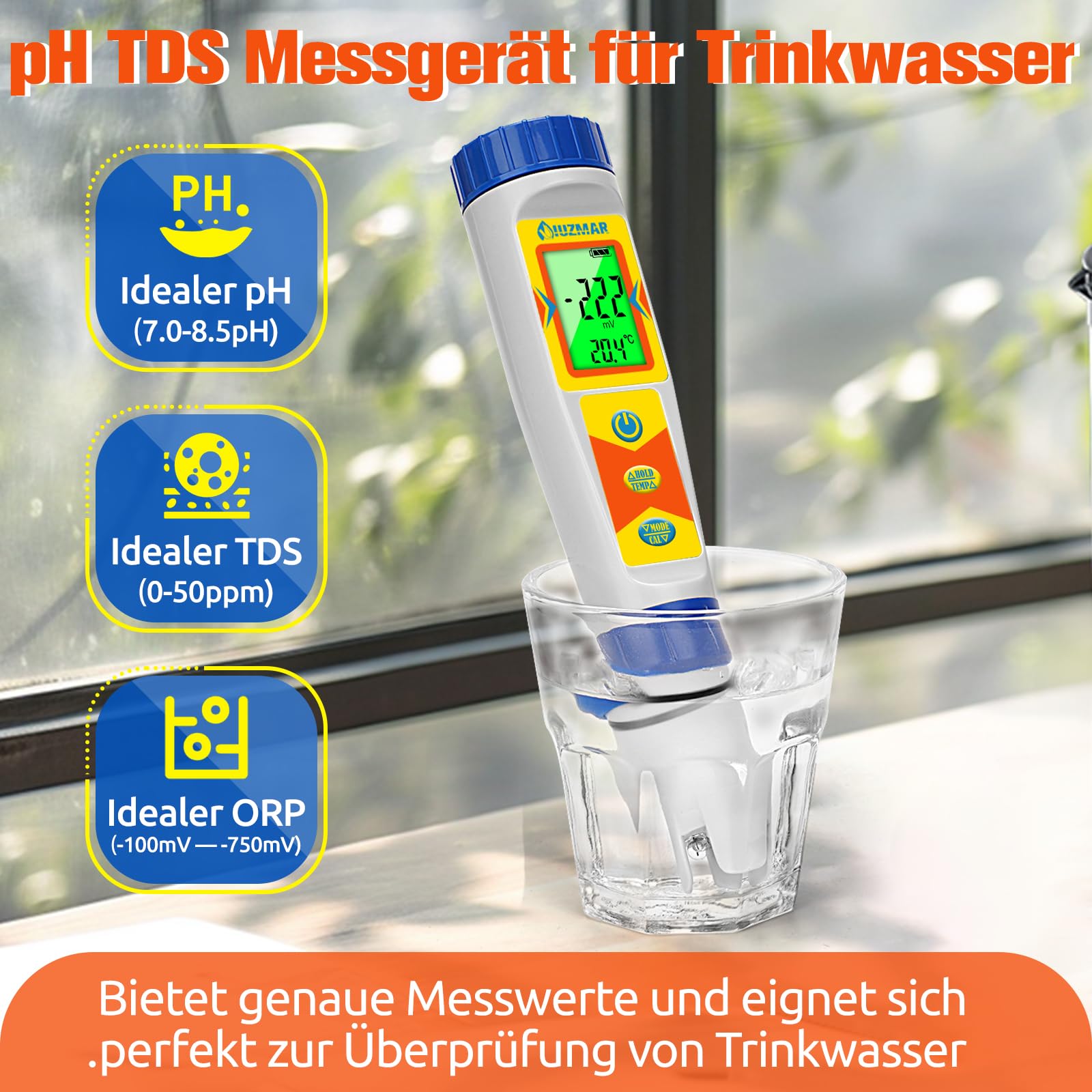 UIUZMAR Wasserstoff Messgerät und pH Messgerät Wasser, Wasserstoff Wasserflaschentester für Trinkwasser, 6 in 1 Wasserqualitätstester Mit pH H2 ORP TDS EC TEMP Funktion für Pool, Whirlpool, Hydroponik