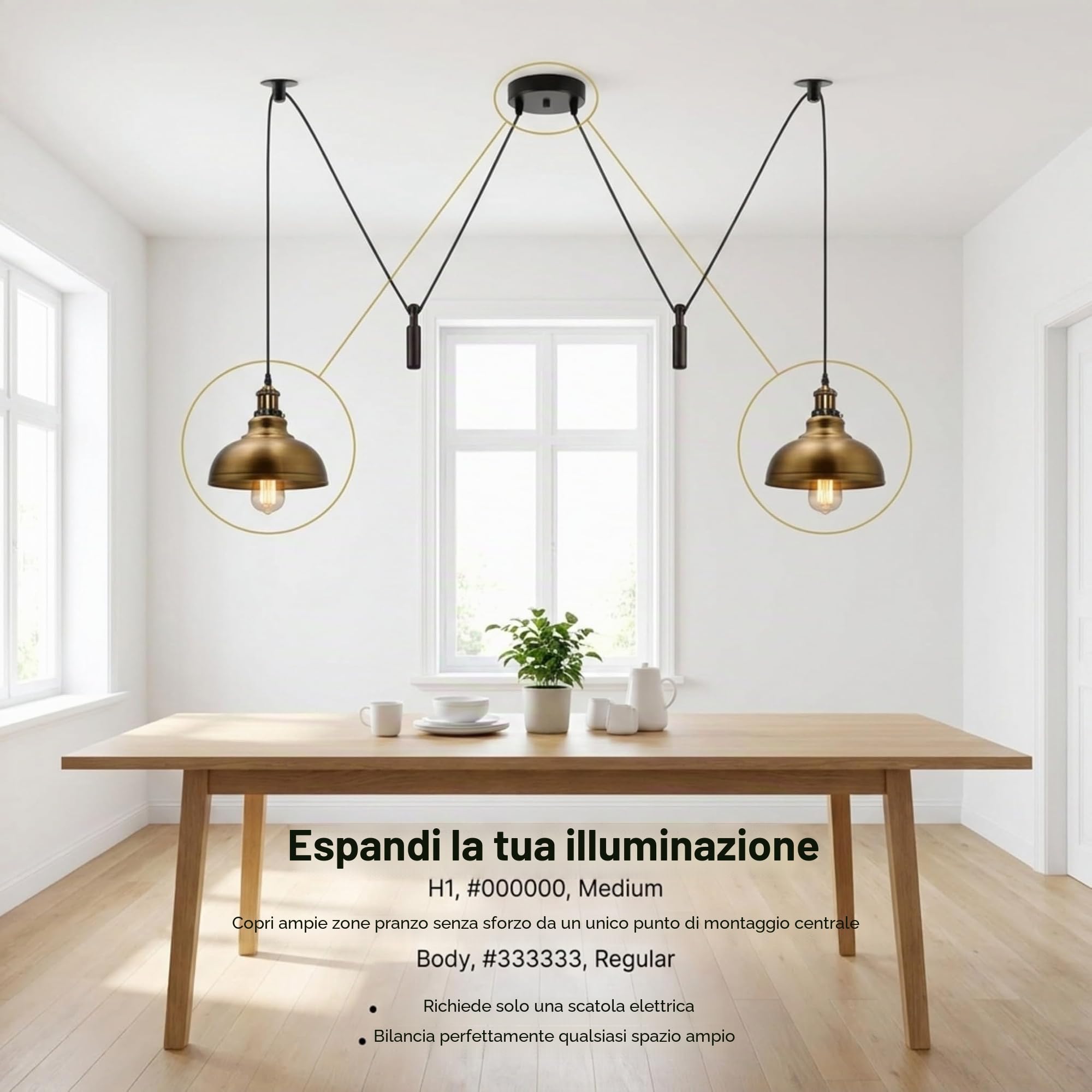 LEDSone Lampada a sospensione a forma di ragno a 2 teste, paralume in metallo da 29 cm, cavo regolabile da 195 cm, lampadina Edison vintage da 60 W E27 (Ottone giallo)