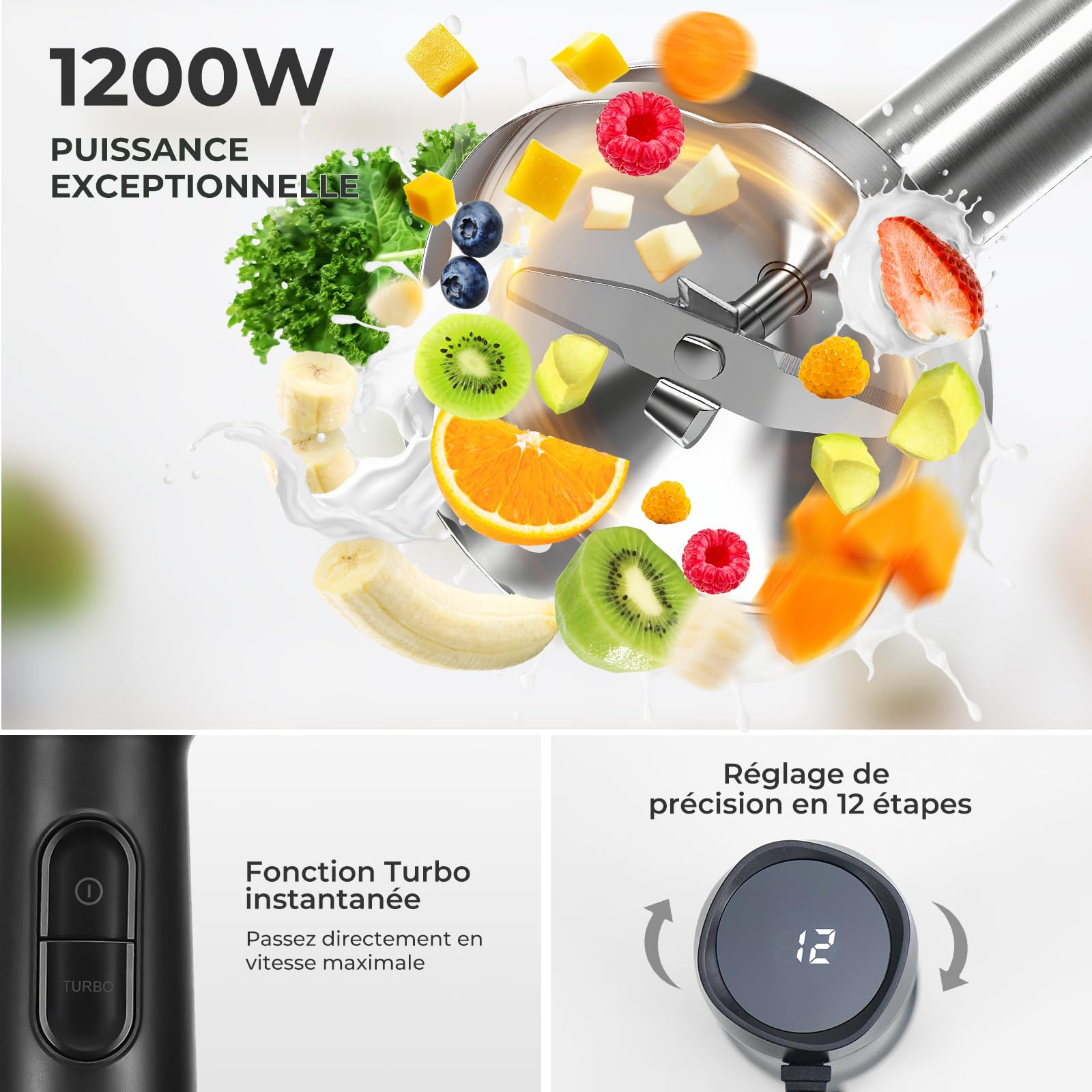Mixeur Plongeant 1200W - Ensemble avec Hachoir Électrique 600ml, Mousseur à Lait et Pot 800ml - Soupes, Sauces, et Fruits - 12 Vitesses + Turbo en Acier Inox