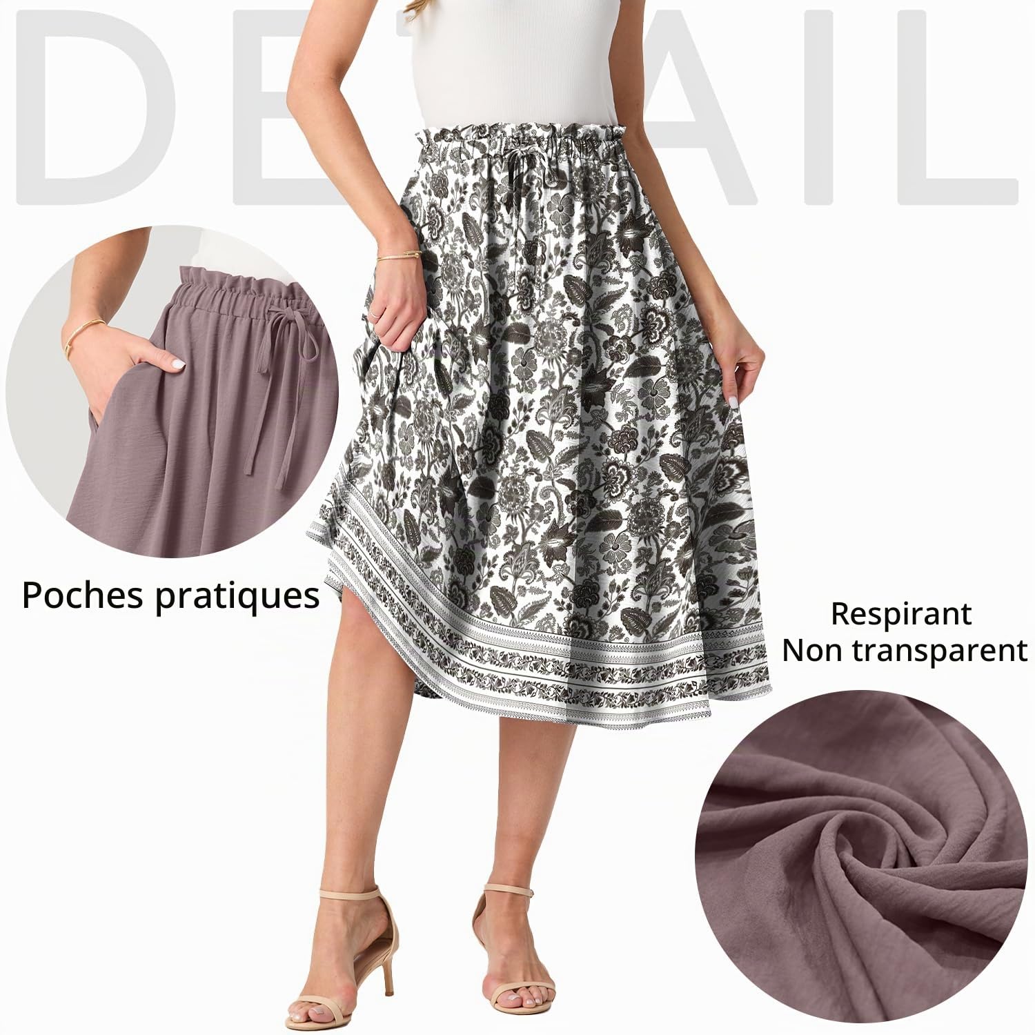 GRECERELLE Jupe d'été midi longue pour femme, ligne A, fluide, avec poches, légère et aérée