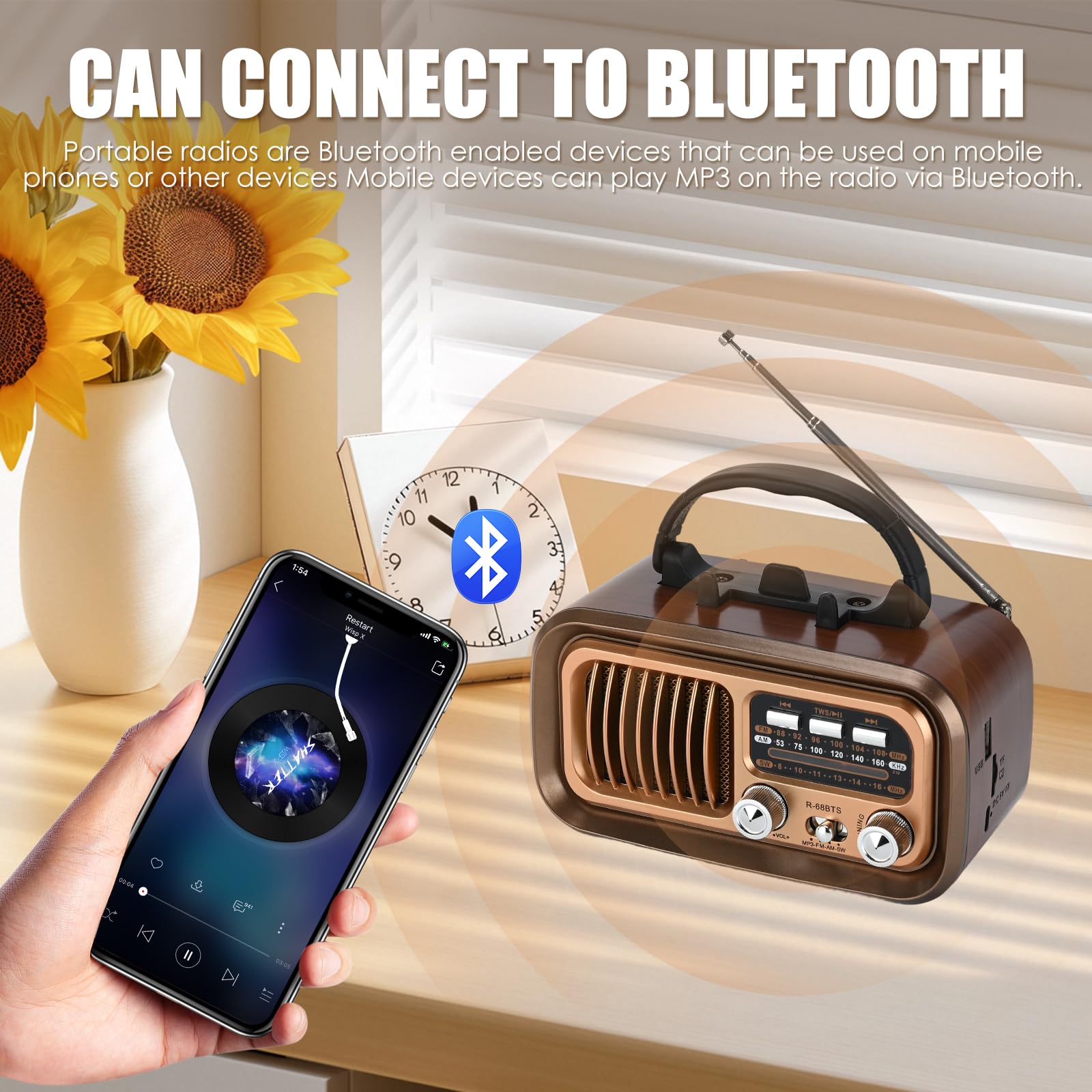 Radio Retro portátil, Radio portátil con Bluetooth, Am/FM/SW Bandas, Batería Recargable y Panel Solar-soporta Tarjeta USB/TF, emparejamiento TWS, diseño portátil para Cocina, baño, Viajes (café)