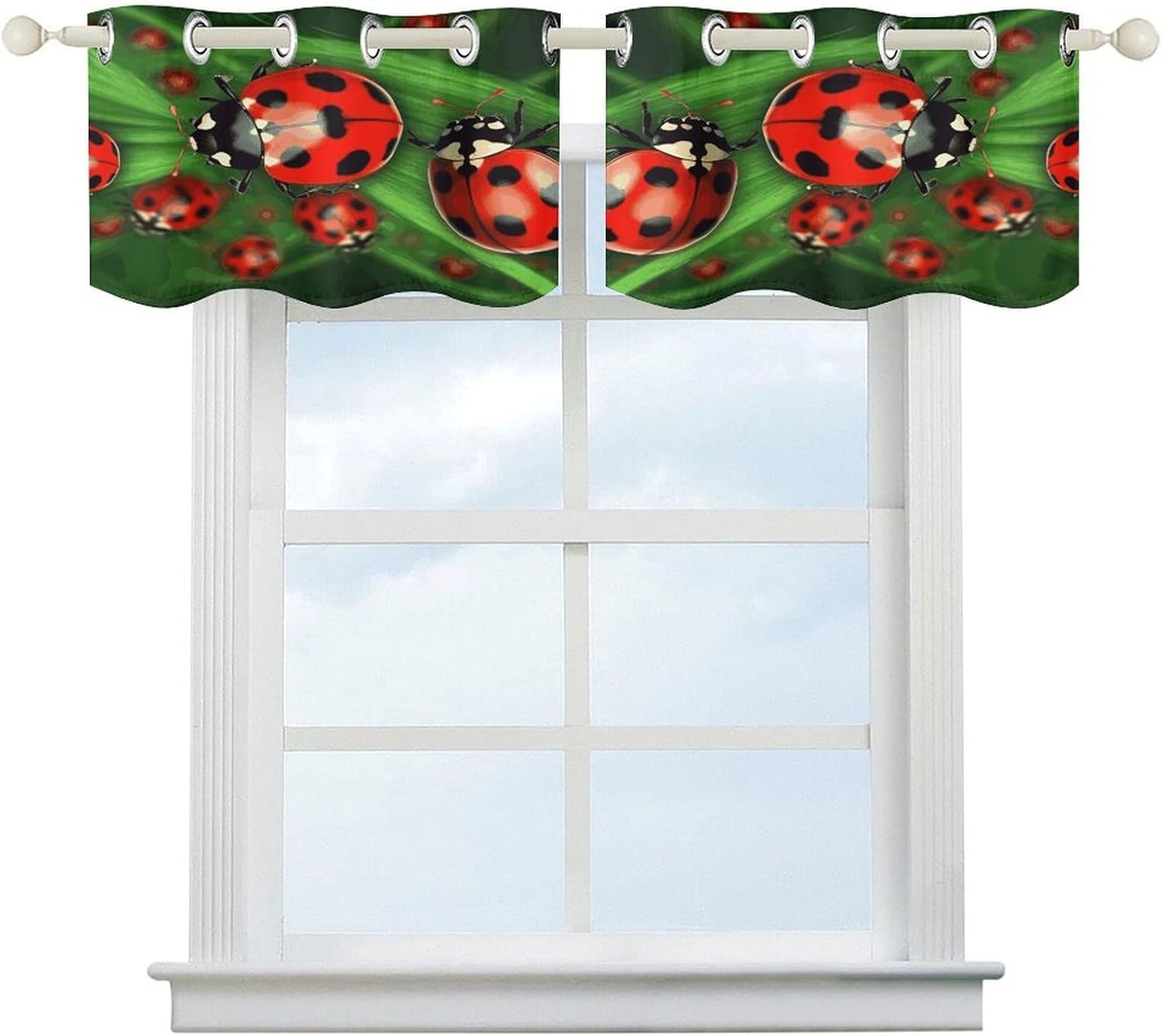 Red Ladybug 2 Pack Valance Curtains Window Treatments. Adjustable Curtain with Rod Pocket.Cafe Curtains is Half Curtains for Privacy Decorative 52x18.1 Inch.