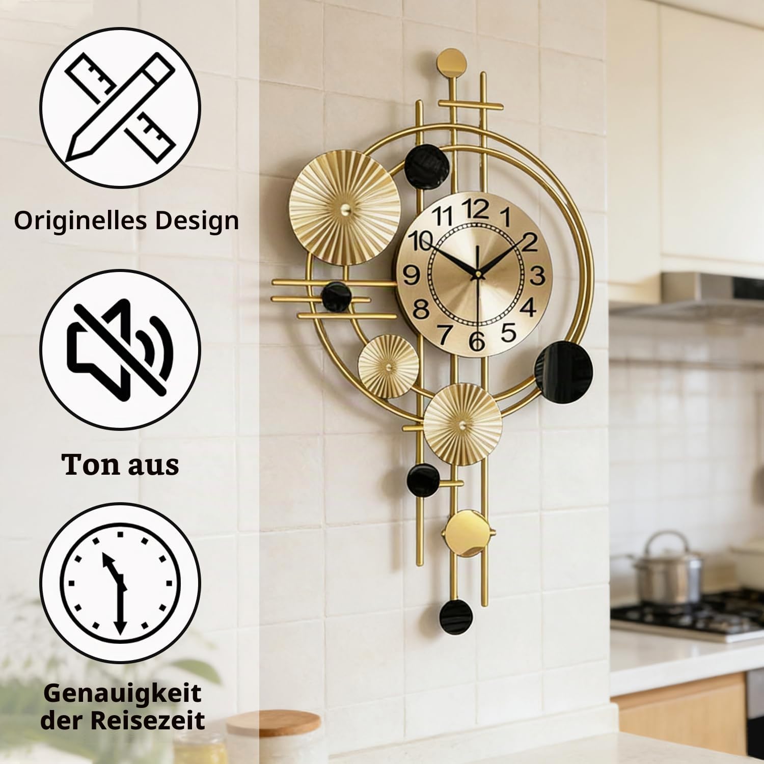 Große Wanduhr für Wohnzimmer, leises Quarzwerk, nicht tickend, batteriebetrieben, dekorative analoge große Wanduhr für Küche, Schlafzimmer, Zuhause, Büro, Wanddekoration, 45,2 x 78 cm (Gold)