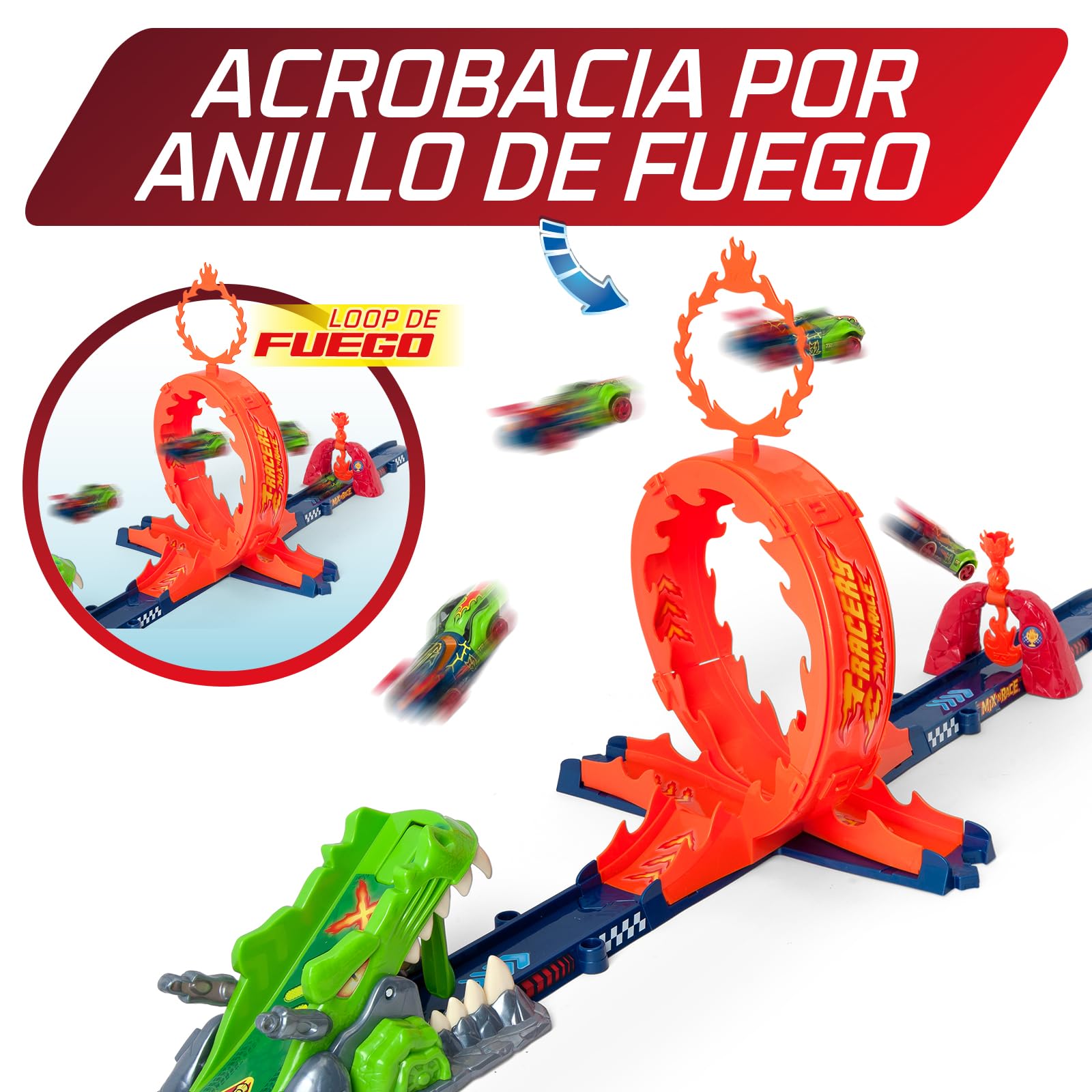 T-Racers Mix ‘N Race Volcanosaurus Pista para Coches de Juguete T-Racers, Contiene 1 Disparador, 3 Pistas, 1 Coche Exclusivo Nitro Rex y 4 Acrobacias