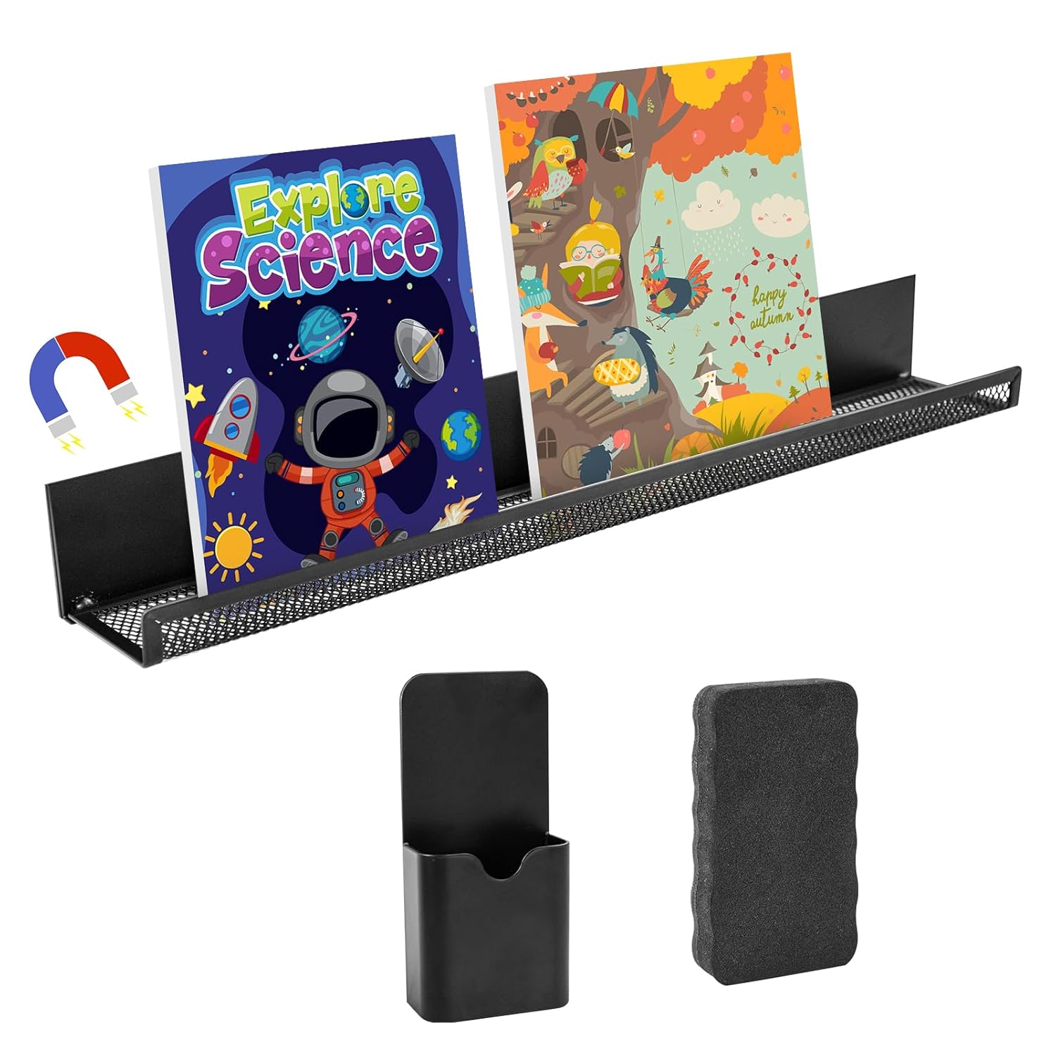 Metal Magnetic Book Shelf for Whiteboard Classroom, 17Inch Floating Book Display Shelf with Marker Holder Eraser Heavy Duty Magnet Book Holder Refrigerator Organizer for Kid Room Office Teacher Black-1 Set With Marker Holder& Eraser