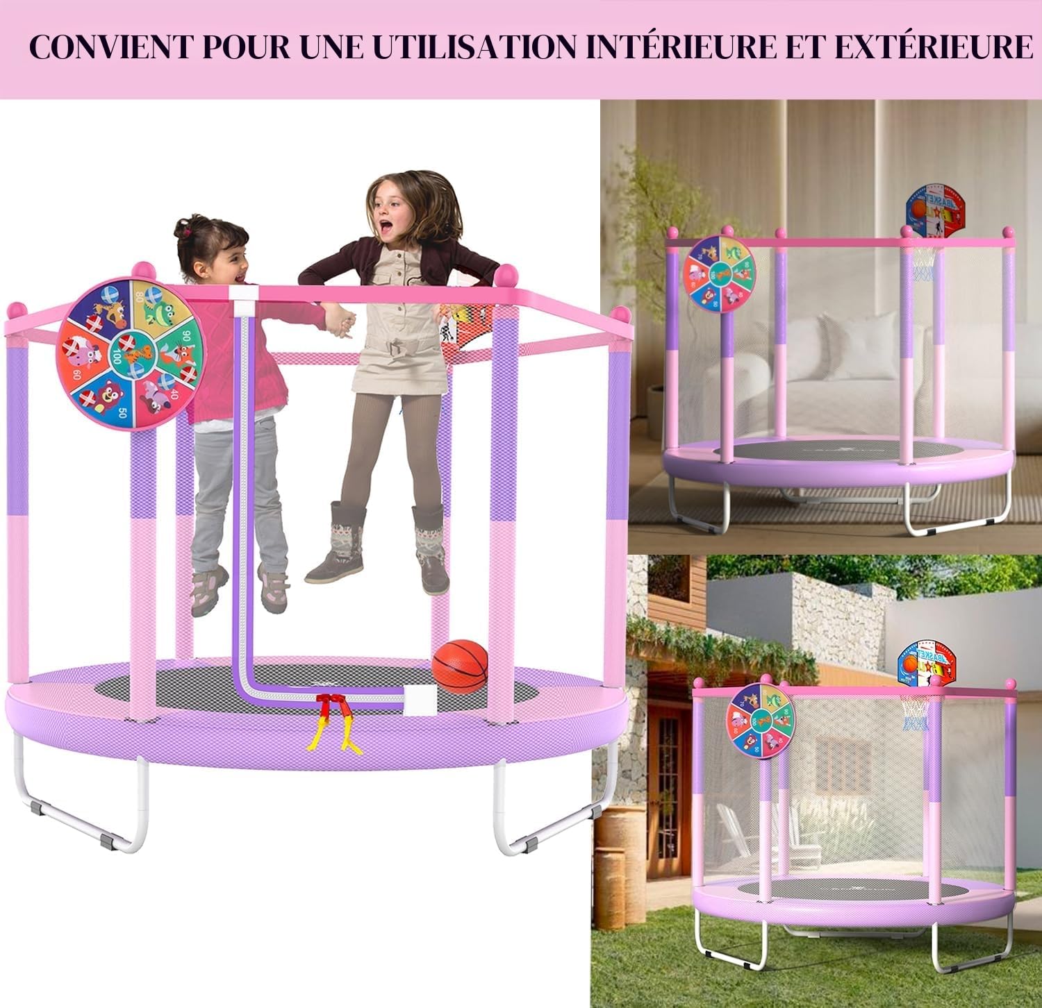 PILIN Trampoline pour Enfant avec Panier de Basket, 150 cm, lit de Saut d'intérieur et d'extérieur avec Ressorts, Filet de sécurité surélevé - Jouet d'anniversaire pour garçons et Filles - Cadeau de