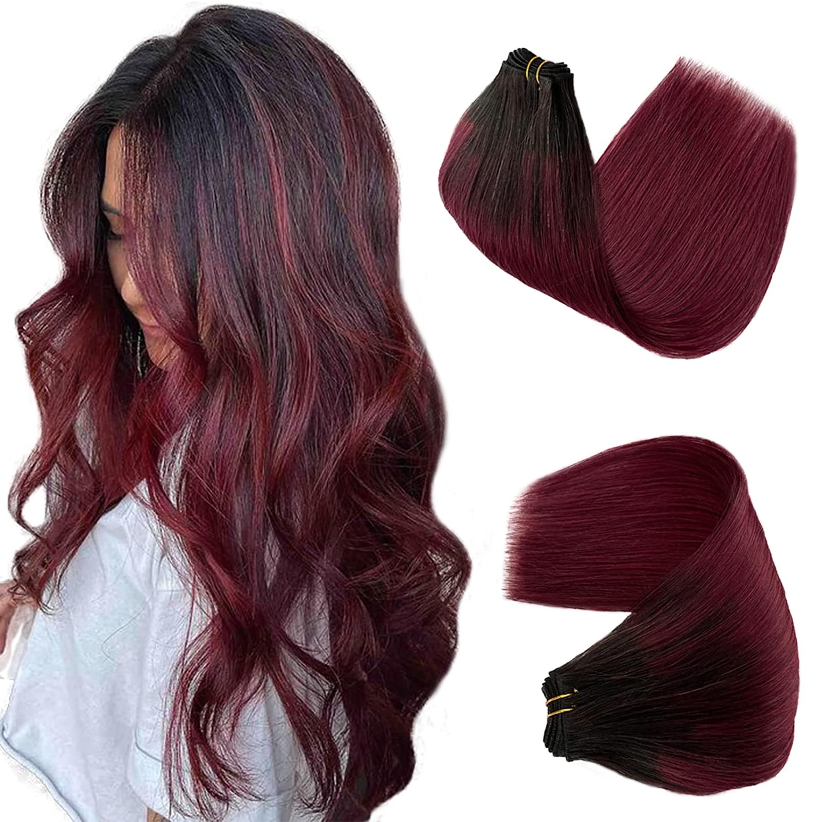 Sew in Human Hair Weave Bundles Highlighted Ombre Weft Real Hair Extensions 20 Inch Sew in Weft Hair Extensions Colored 1B99J Double Weft Sew in Extensions 100 Gram 20"