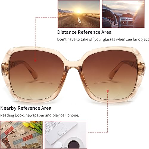 Miniatura 3 de JM Lentes de sol de lectura bifocales, lentes de lectura solar de gran tamaño para mujer, protección UV al aire libre, Marrón