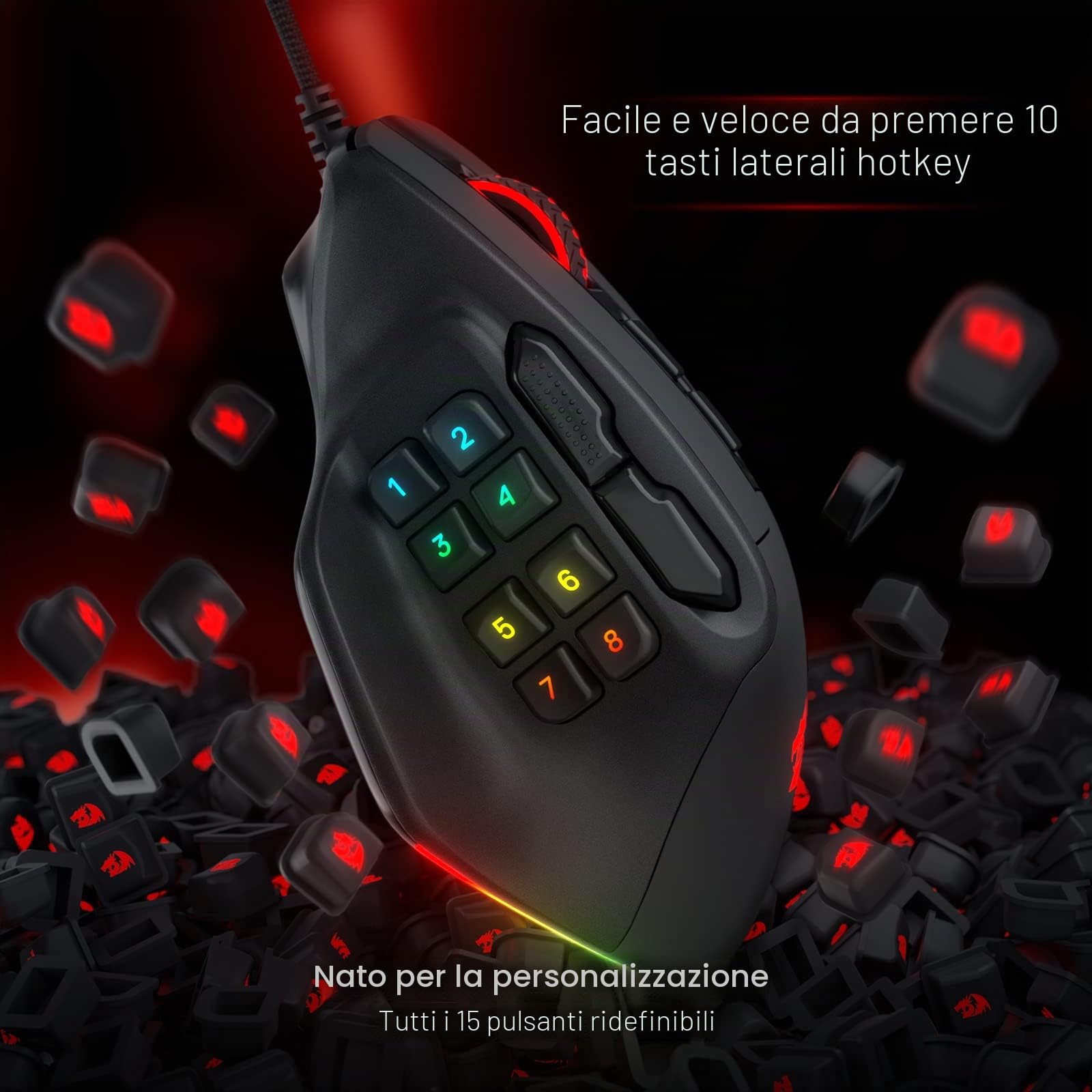 Mouse da gioco Redragon M811 Aatrox MMO, 15 pulsanti programmabili, mouse da gioco RGB cablato con presa ergonomica naturale, 10 tasti macro laterali