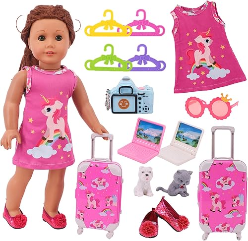 Luckdoll Juego de 13 piezas de ropa y accesorios para muñecas de 18 pulgadas, incluye maleta, equipaje, unicornio, zapatos, lentes de sol, cámara,