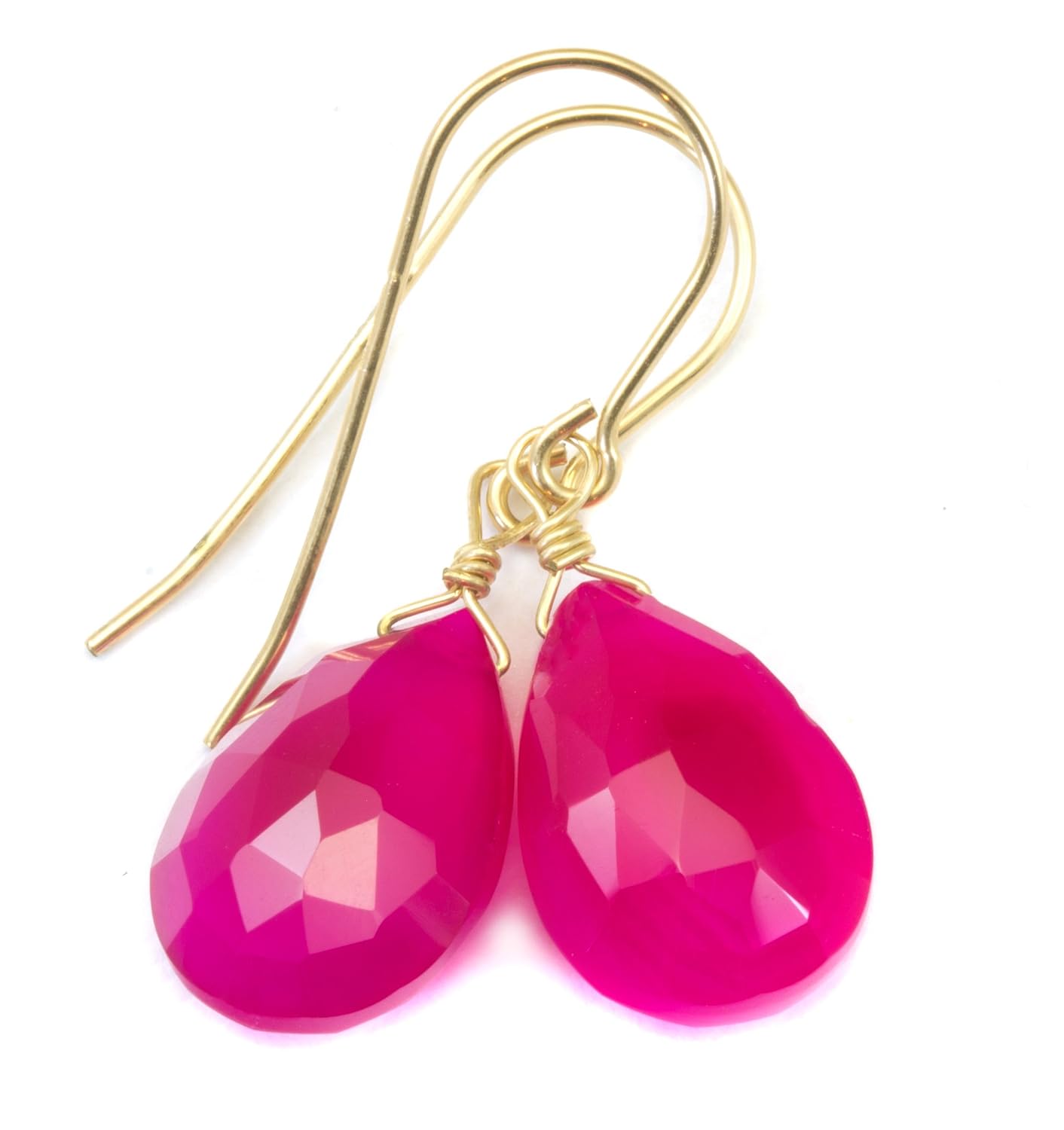 Chalcedony Earrings Hot Pink Magenta Fuscia Faceted Pear Teardrops Simple Briolette Dangles
