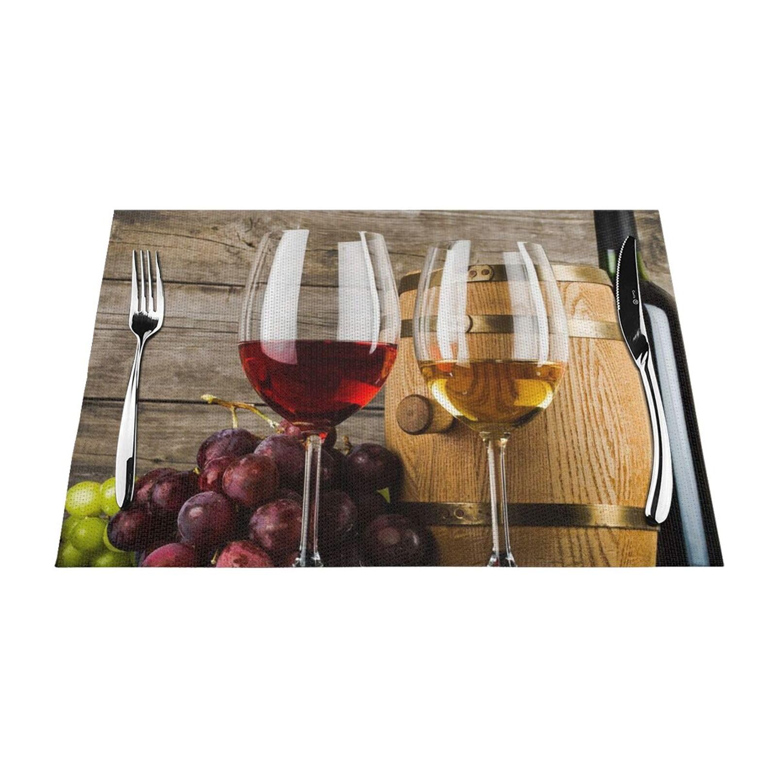 PVC Placemat Set of 4 PCS, 45x30 CM, Art Red Wine Galsses & Grapes Printed Non-Slip Heat Resistant Place Mats for Kitchen Dining Table Indoor Outdoor