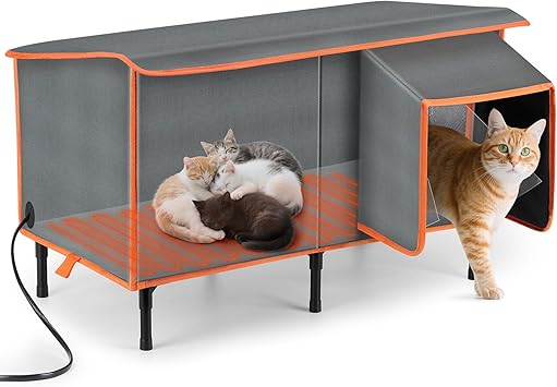 SIWA MARY Heated Cat House for Outside in Winter, Weatherproof Outdoor Cat House with Cat Heating Pad, Waterproof &Safe Escape Door, Insulated Cat Shelter with Heater for Feral Barn Cats Kitty