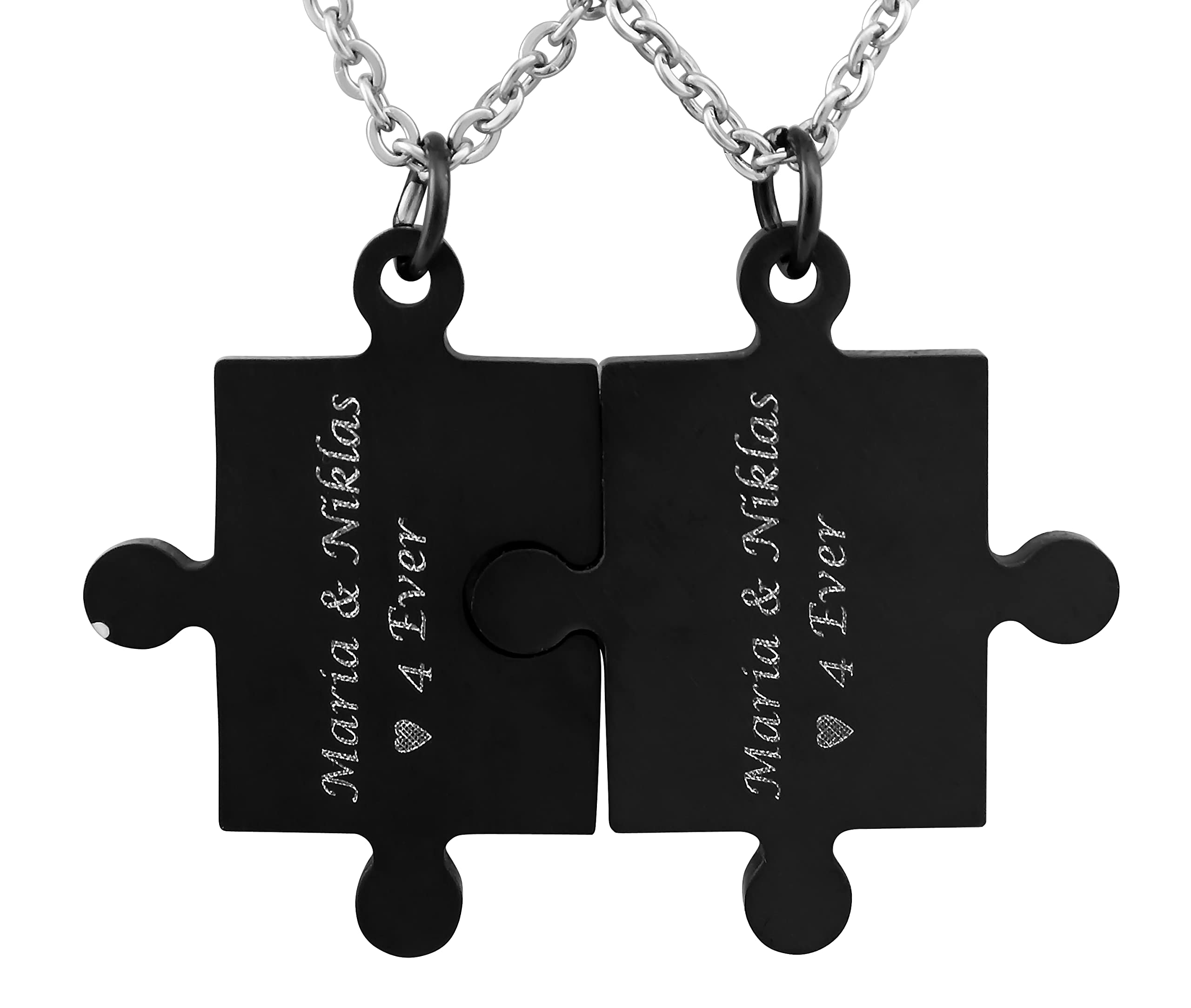 2 Stück Personalisierte Kette mit Gravur Edelstahl mit Anhänger Puzzle Teil in silber schwarz gold - Personalisierte Geschenke für Damen Herren Freundin Freund - Partner Halskette Sie Ihn