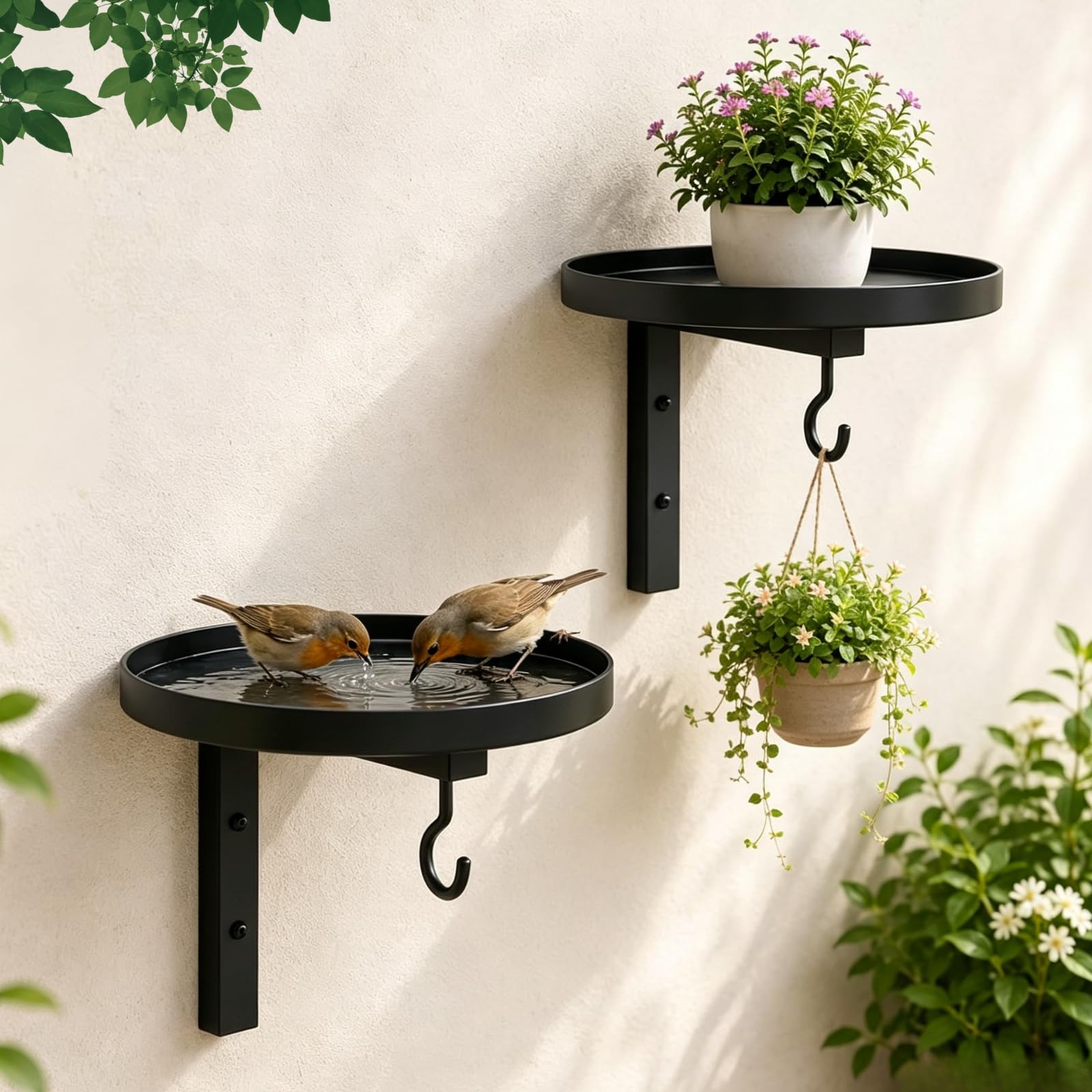 Wall-Mounted Metal Bird Bath Basin, 2-in-1 Rustic Bird Feeder & Waterer