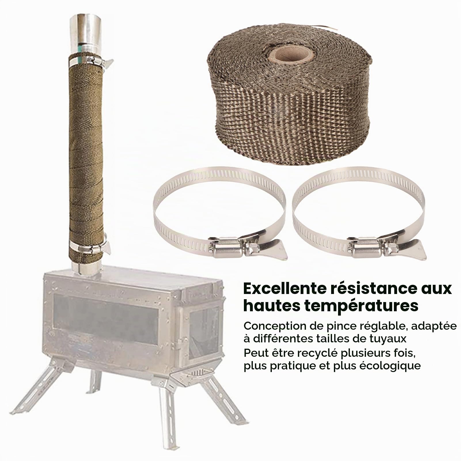 Enveloppe de Tuyau Ignifuge, Ruban de Cheminée Anti-brûlure, Protecteur de Conduit de Poêle, Sangle D'isolation de Tuyau avec 2 Clips pour Tube de Four, Tuyaux D'échappement de
