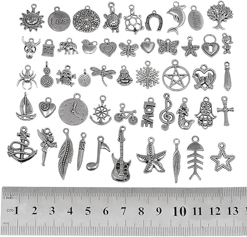 Miniatura 3 de RUBYCA 50 dijes de plata mezclados a granel para hacer joyas pulseras pequeñas para collares color plateado envejecido como en la imagen Mix1