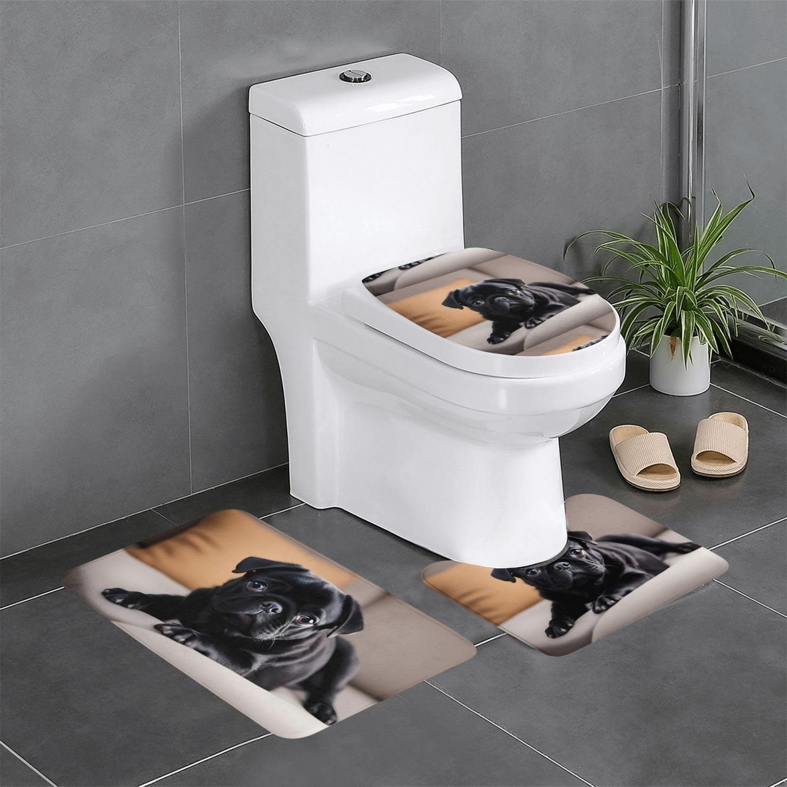 WHJWXC Bathroom Rugs Sets of 3 - Soft, Durable, and Stylish Bath Mats for Your Home Cute Black Pug Dog Printed