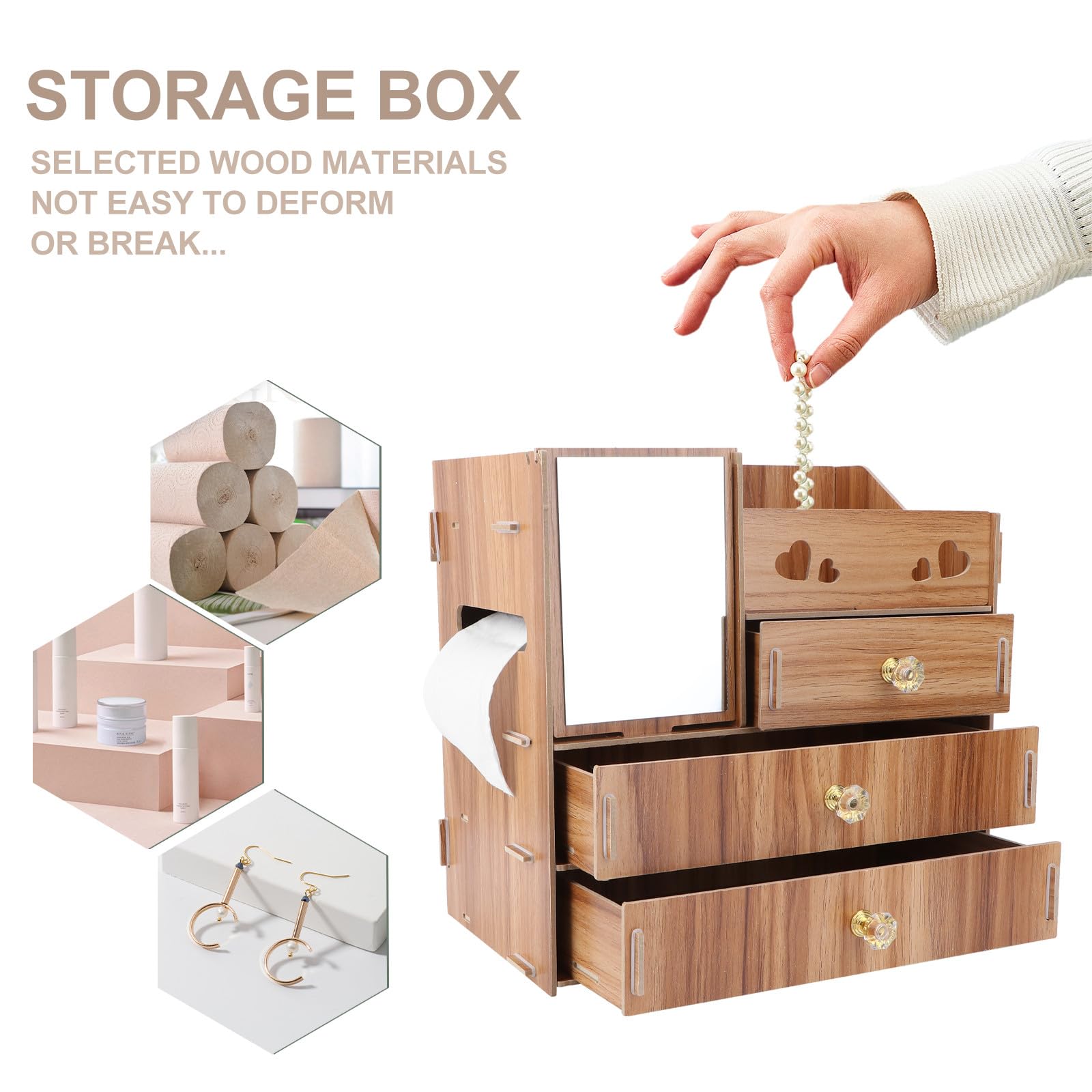 Organisateur de Cosmétiques Tiroir et Miroir Multifonctionnel en Bois Marron Boîte de Rangement Pratique pour Maquillage et Accessoires de Bureau