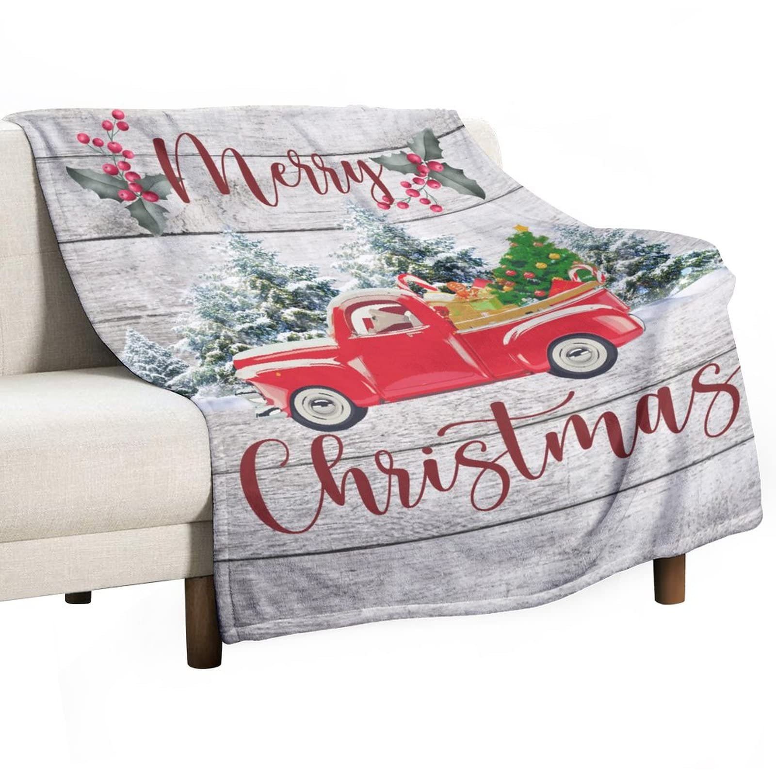 Couverture pelucheuse double face et chaude à motif camion de Noël