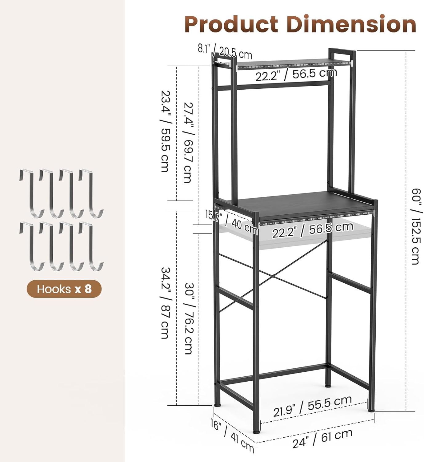 Housolution Mini Fridge Stand with Storage, 2-Tier Kitchen Microwave Stand with Storage Mini Fridge Shelf Height Adjustable Bakers Rack with 8 Hooks for Dorm, Living Room, Offices, Black