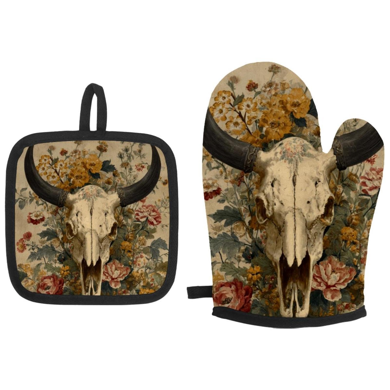 Cadeau cuisine manique vintage tête de mort et fleurs isolante thermique