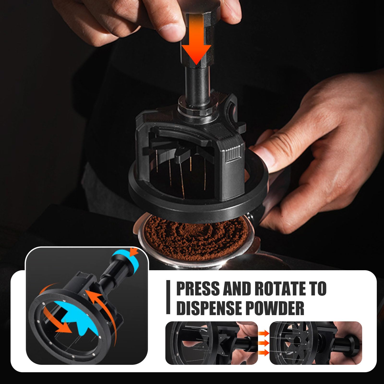 WDT Tools, mieszadło do espresso, narzędzie do dystrybucji dla baristy, narzędzie do dystrybucji 8 igieł, narzędzie rozdzielające, automatyczne obracanie jednym przyciskiem i regulowana głębokość