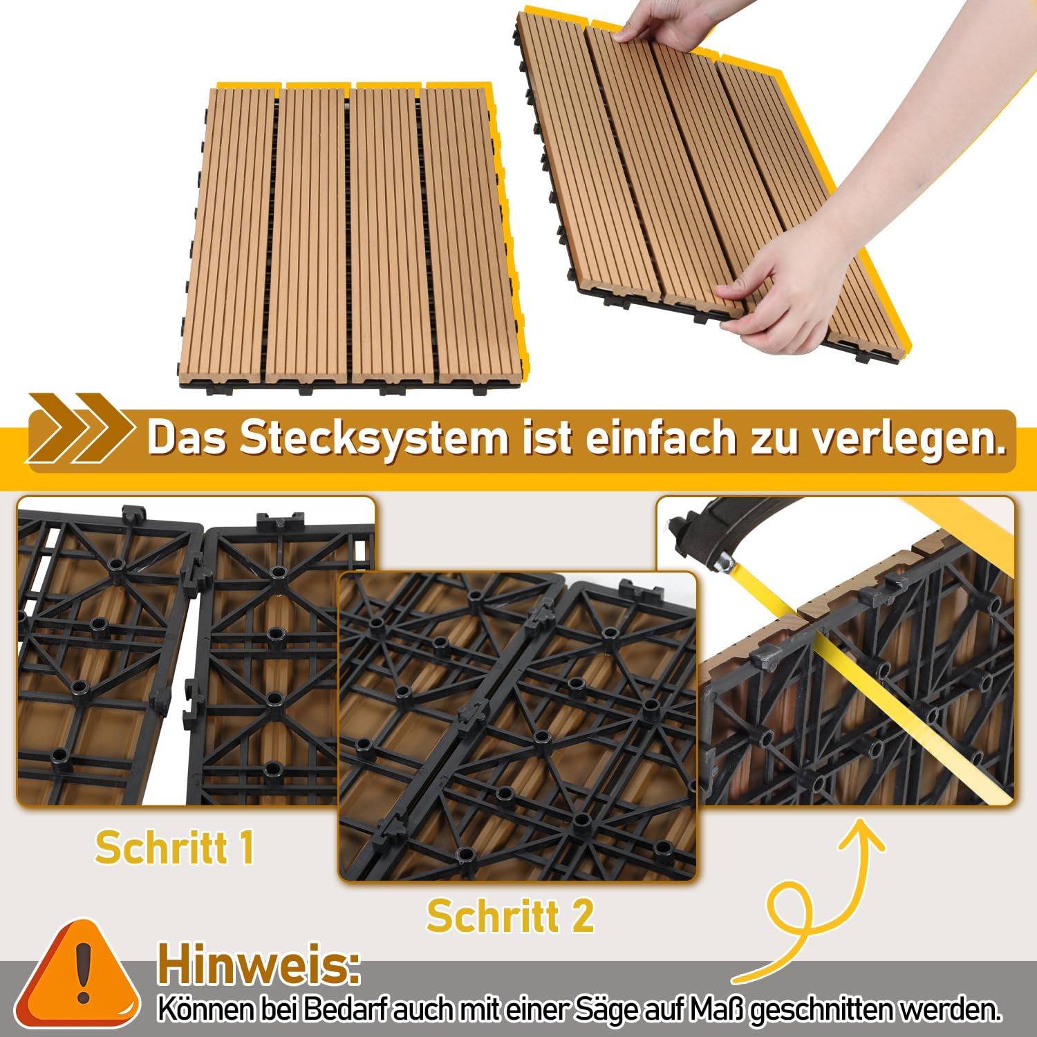 Dalles WPC, 30x60cm Dalles de terrasse clipsables, dalles de balcon en aspect bois, plaques résistantes aux intempéries avec fonction de drainage, pour terrasse, balcon, jardin, en teck (12