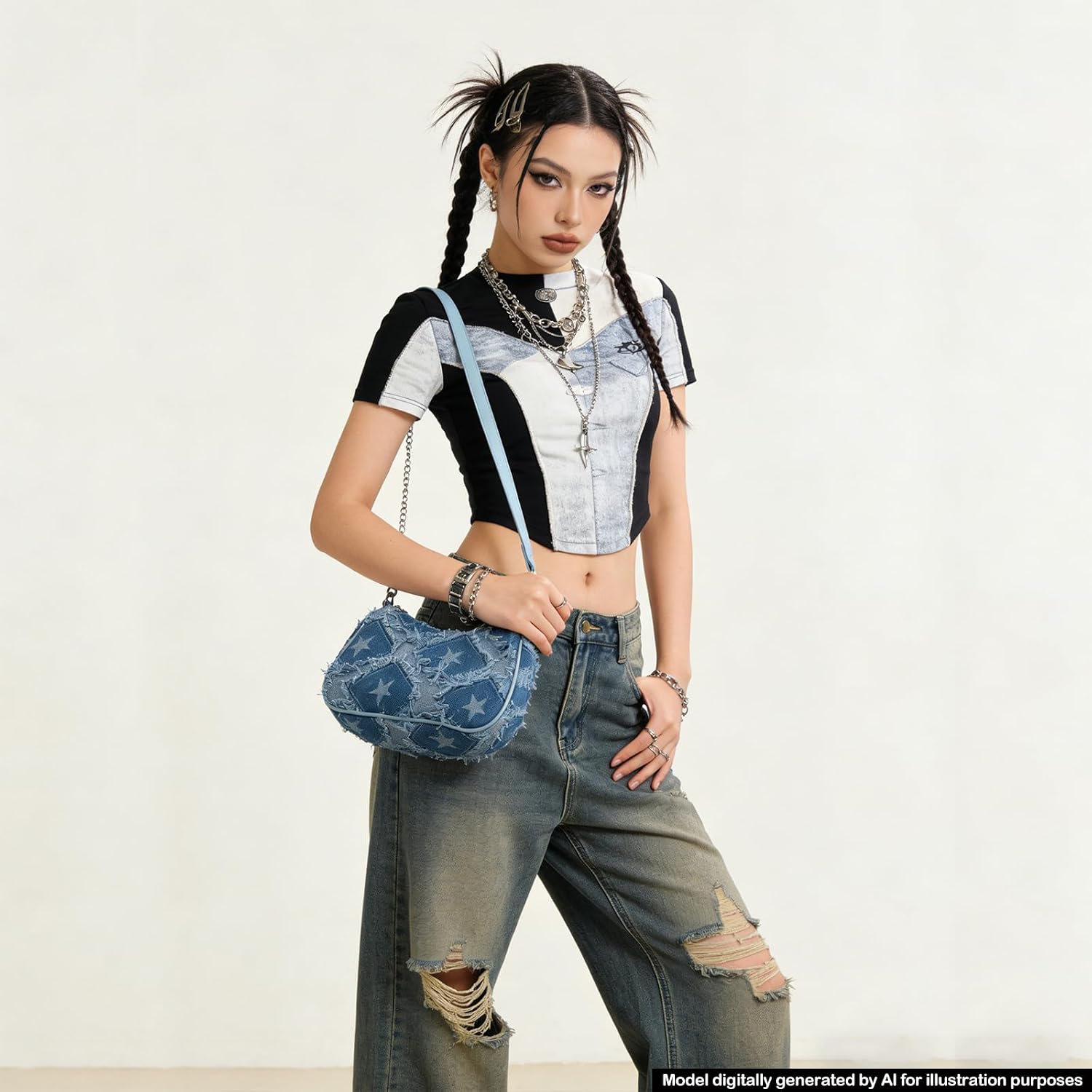 Y2K Denim Purse for Women, Star Embroidery Blue Jean Purse, Mini Crossbody Shoulder Bag with Convertible Straps