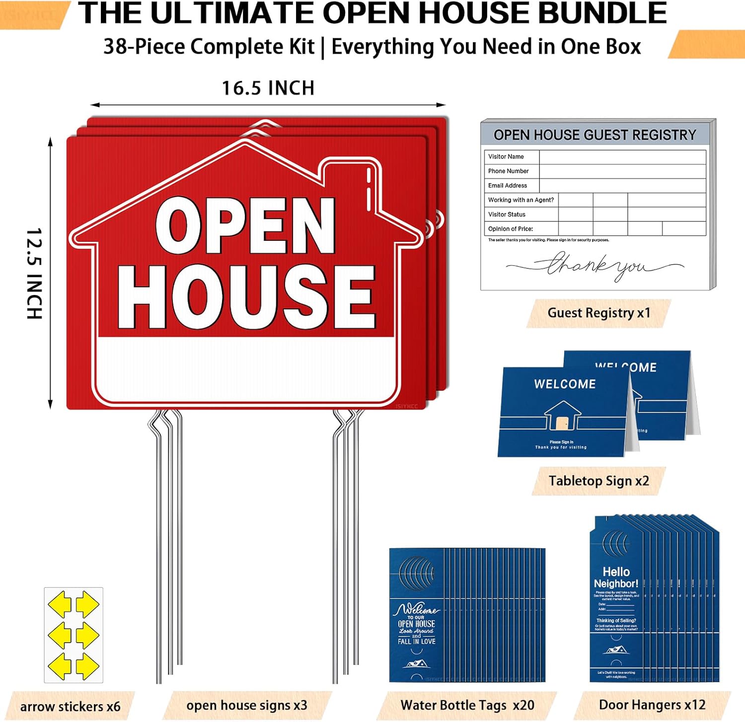 38 Pcs Open House Kit for Real Estate Agents - 3 Double-Sided Yard Signs with Stakes & Directional Arrow Stickers, Guest Register Sign In Book & Marketing Materials - Complete New Realtor Starter Bundle