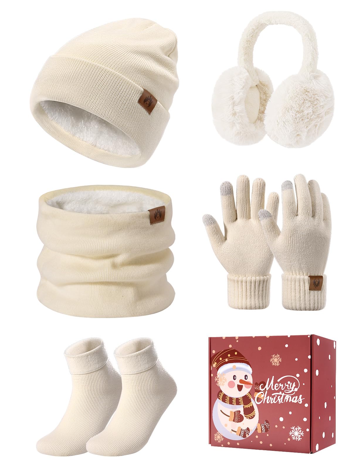 5pcs Ensemble Hiver Femme 5 en 1 Bonnet Echarpe Gant Tricoté Chaud Écharpe de Doublure Polaire Gants d'écran Cache-Oreilles Chaussettes Thermiques Pour Ski Sports Extérieur