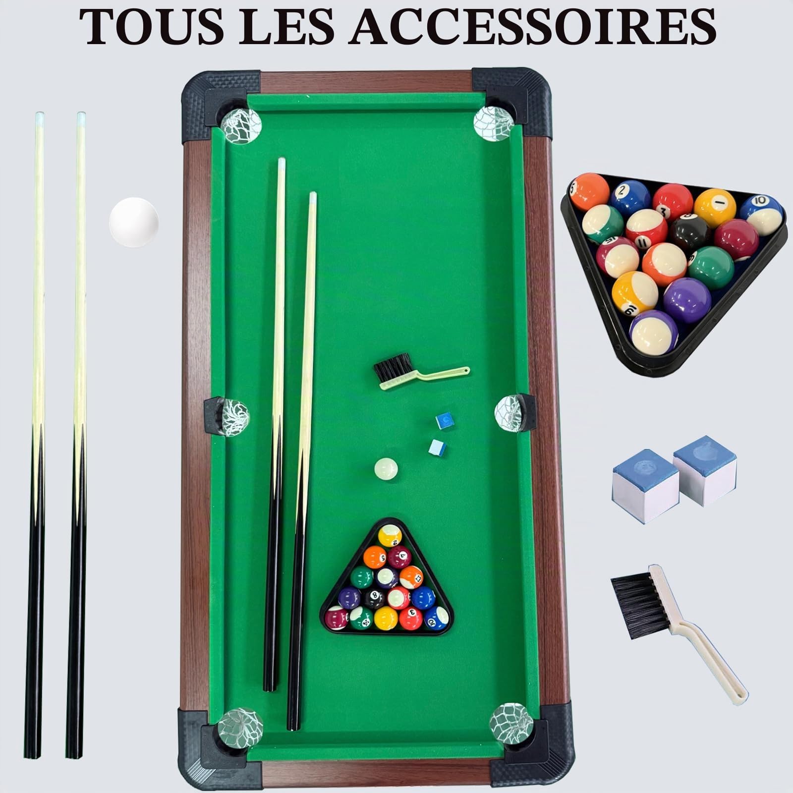 Table de billard FCOUMY de 1,22 m, table de billard en bois avec 16 balles, 2 queues, 2 craies, support à triangles et brosse, set de table de snooker pour enfants et adultes