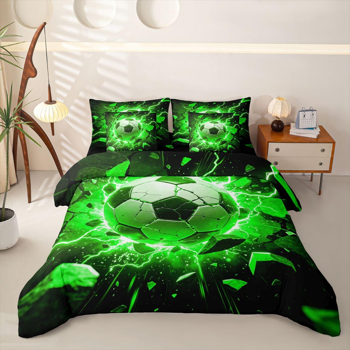 Loussiesd Juego de funda de edredón de fútbol de 7 piezas, tamaño individual, juego de ropa de cama para niños y niñas, juego de cama con funda de edredón, sábanas, fundas de almohada, fundas de cojín