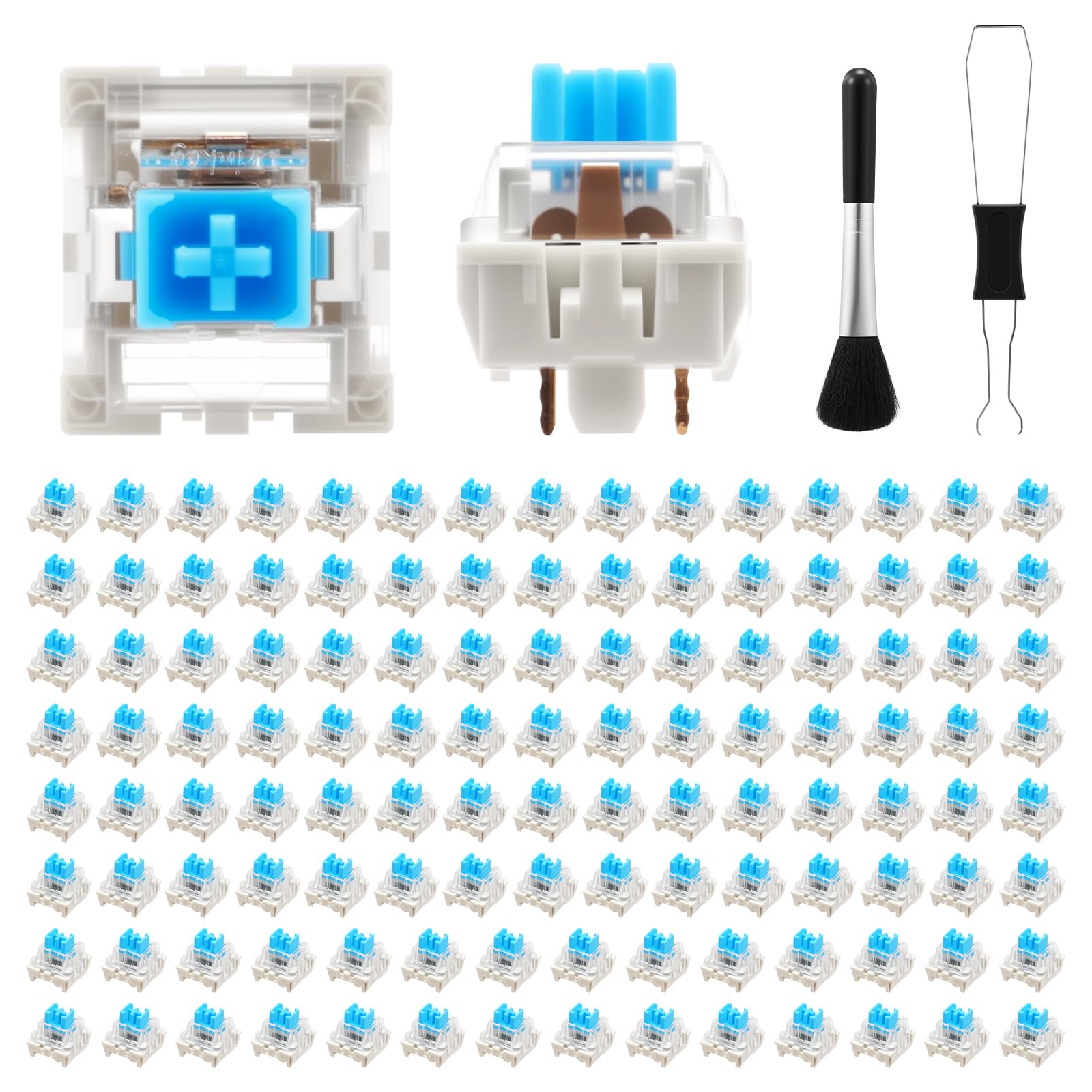 VAVPUP 120 Pcs Blue Mechanical Keyboard Switches,3 Pin Pre-Lubricated Tactile Key Axles,Clicky Response for Gaming & Typing Keyboards,with Switch Puller & Cleaning Brush(blue,120)