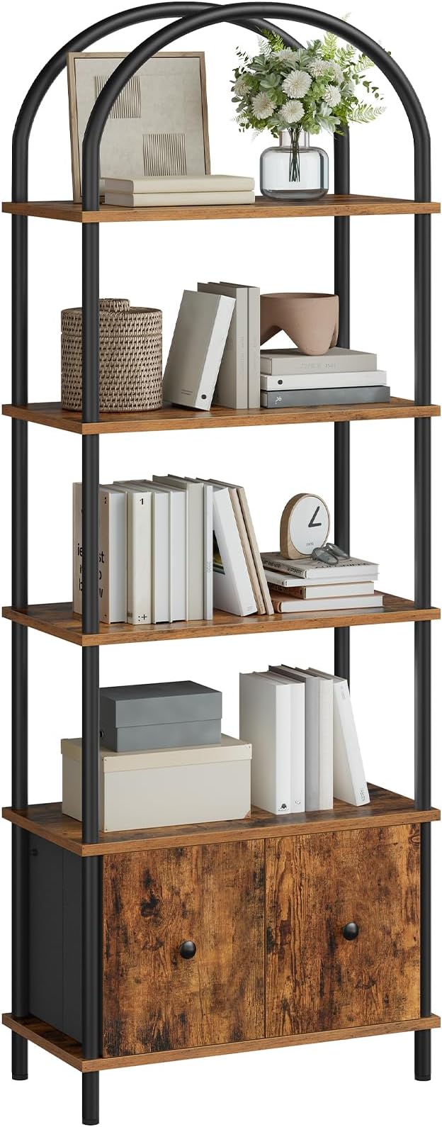 HOOBRO 5-Tier Bookshelf, Arched Bookcase with 2 Drawers, Tall Industrial Style Display Rack, Modern Standing Bookcase with Metal Frame for Office, Bedroom, Kitchen, Rustic Brown and Black BF175SJ01