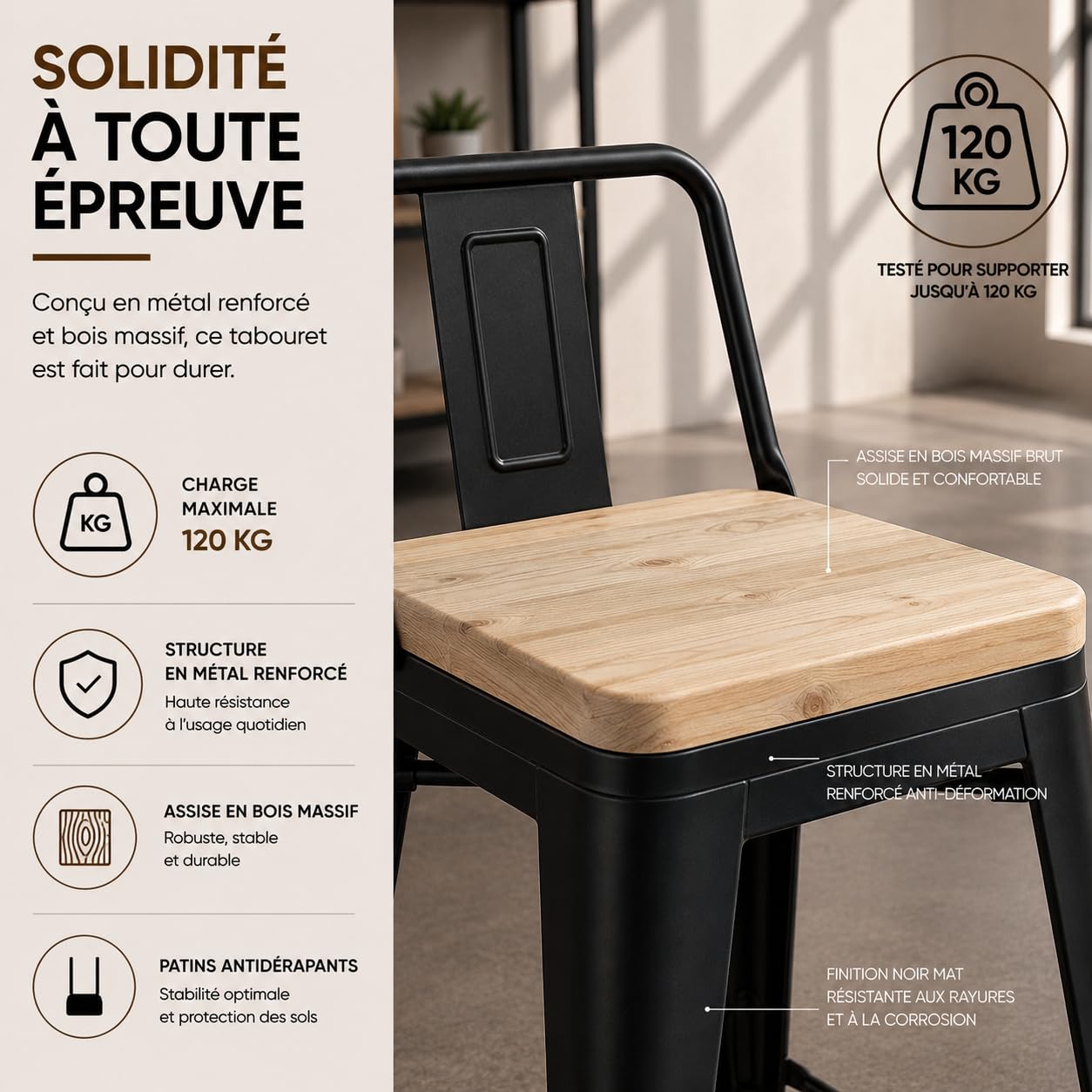 Kosmi Lot de 4 Tabourets de Bar Industriels Hauteur 76 cm avec Dossier – Métal Noir Mat et Assise Bois Clair Naturel – Chaises de Bar pour Îlot de Cuisine, Snack, Mange-Debout, Restaurant