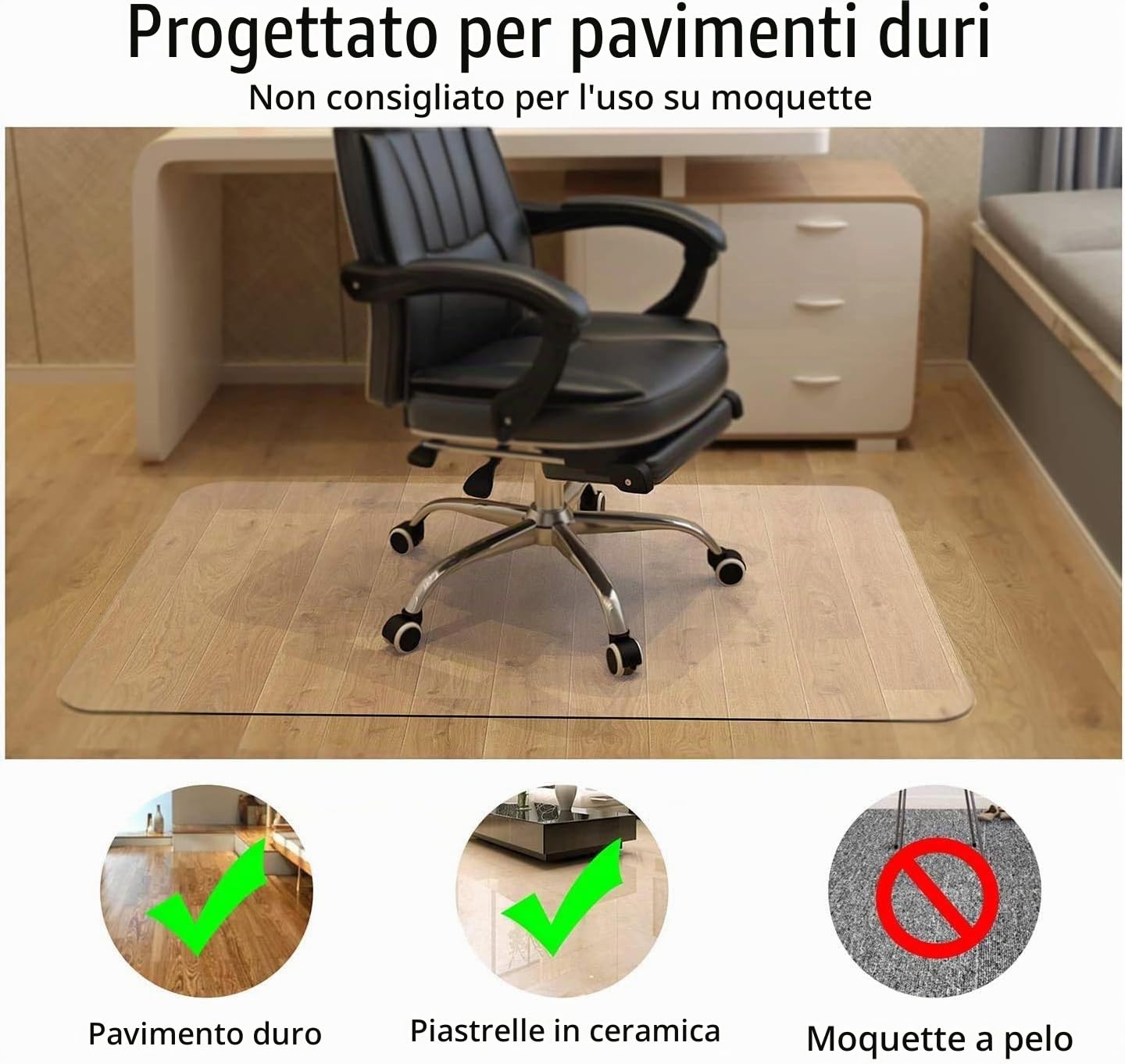 NATRKE Tappetino per sedia per protezione di pavimenti duri trasparente PVC in legno di protezione per pavimenti per ufficio a casa (92 x 122 cm)