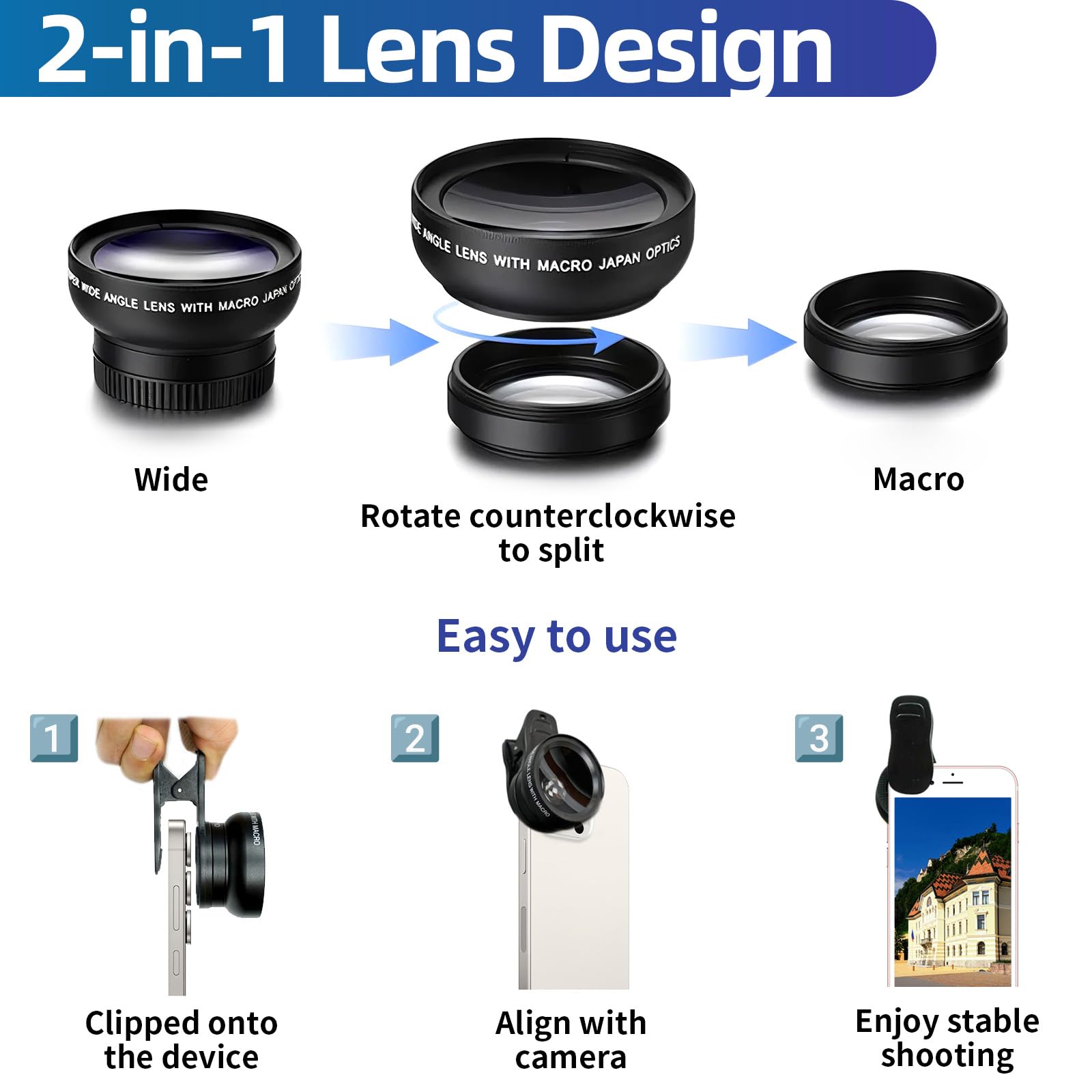 2 en 1 Objectif Macro Smartphone, Universelle Mobile Phone Camera Lenses Kit Objectif pour Smartphone 12.5X Macro Lens + 0.45X 140 Degree Wide Angle Lens pour la Plupart des Smartphones