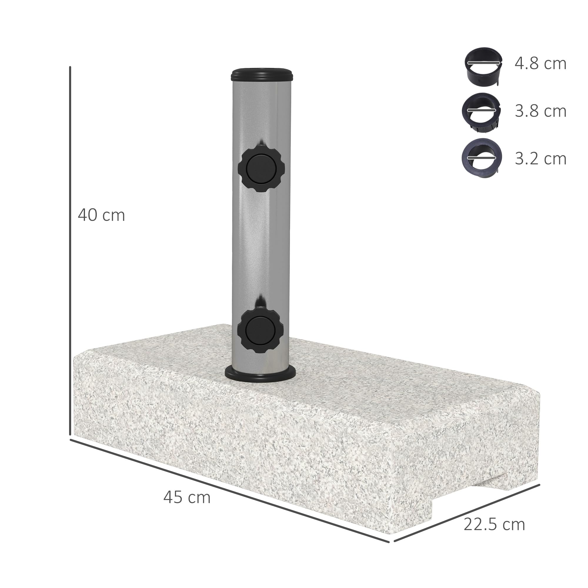 Outsunny Base per Ombrellone da Giardino 25kg per Pali da Ø32mm, Ø38mm e Ø48mm, Base Ombrellone in Granito e Acciaio Inox con Manopole Laterali e Maniglie, 45x22.5x40 cm, Grigia