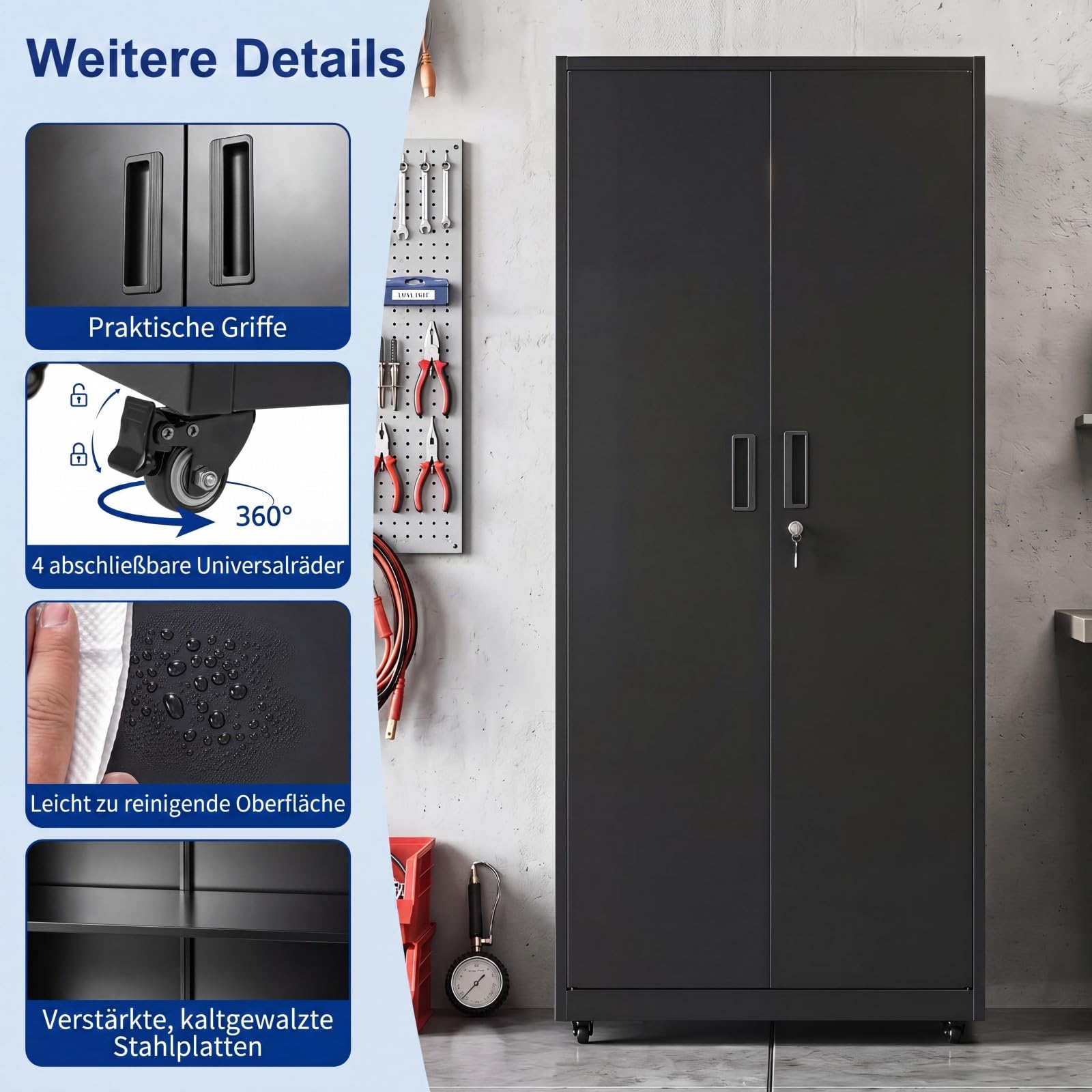 COSTWAY 5 Ebenen Aktenschrank abschließbar mit Doppeltür & Rollen (Schwarz)