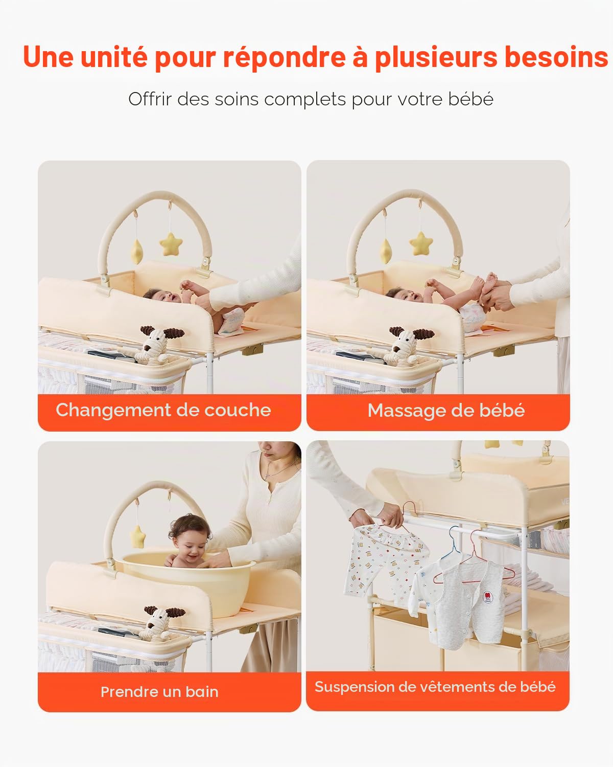 VEVOR Table à Langer Pliable, Plan à Langer 2 Tiroirs en Tissu, Panier Latéral et Tringle de Suspension, Meuble pour Bébé Réglable en Hauteur, avec Roulettes Verrouillables et 2 Jouets Étoiles, Beige