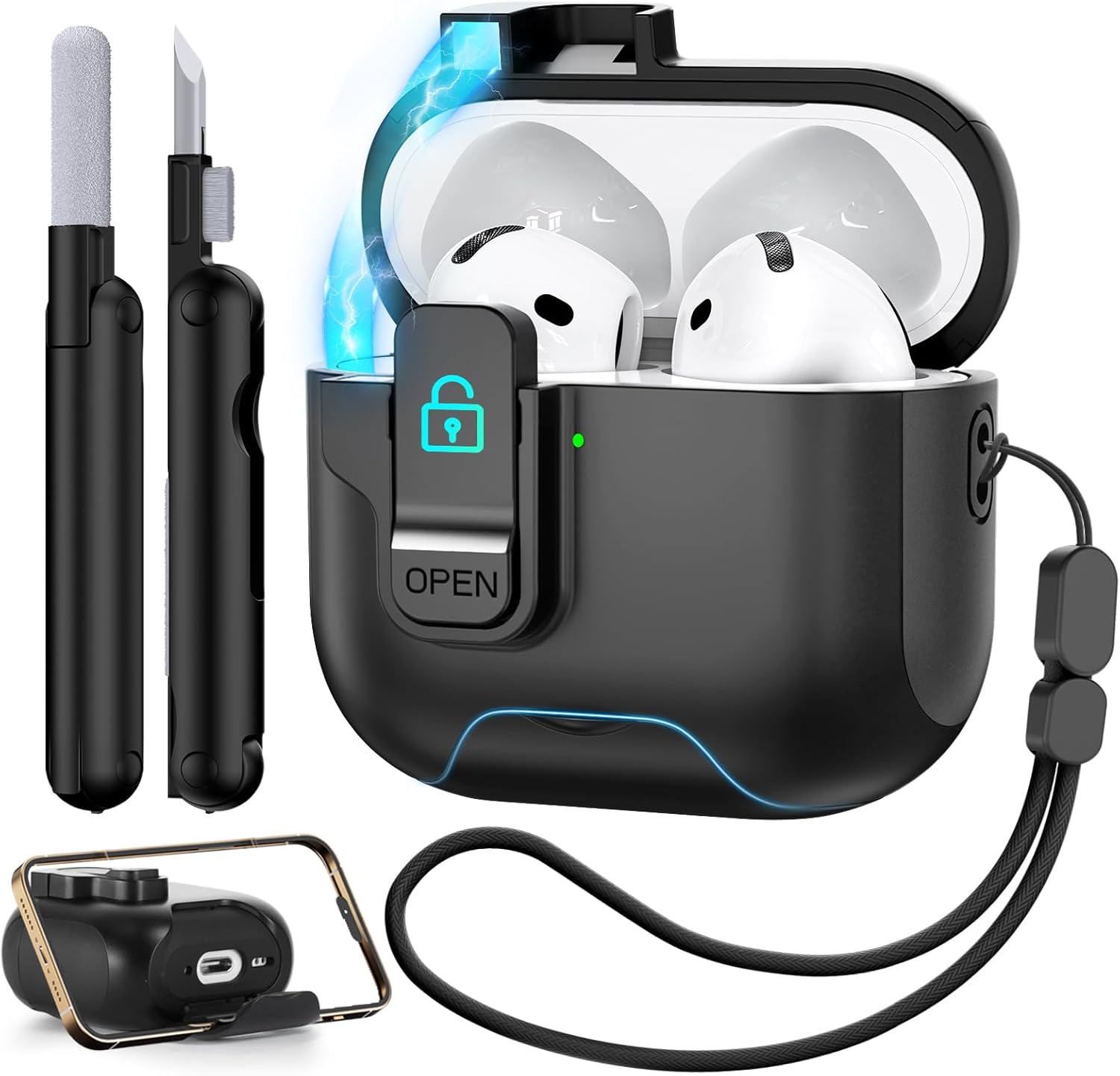 for AirPods 4 Case with Secure Lock,Compatible with AirPods 4th Generation Case 2024,Automatic Magnetic Lock with Phone Holder Function,Shockproof Hard Protective Cover & Cleaner Kit-Black A-Black