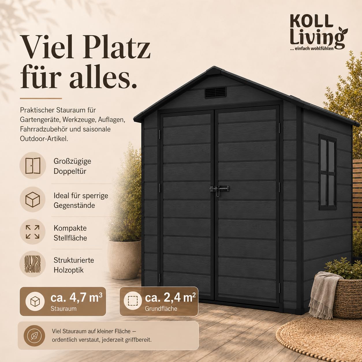 Koll Living Gartenhaus Norvik | 181 x 135 x 210 cm, 2 m² Grundfläche | Schwarz | mit Doppeltür, Fenster und Belüftungsystem | abschließbar | UV- & witterungesbeständig