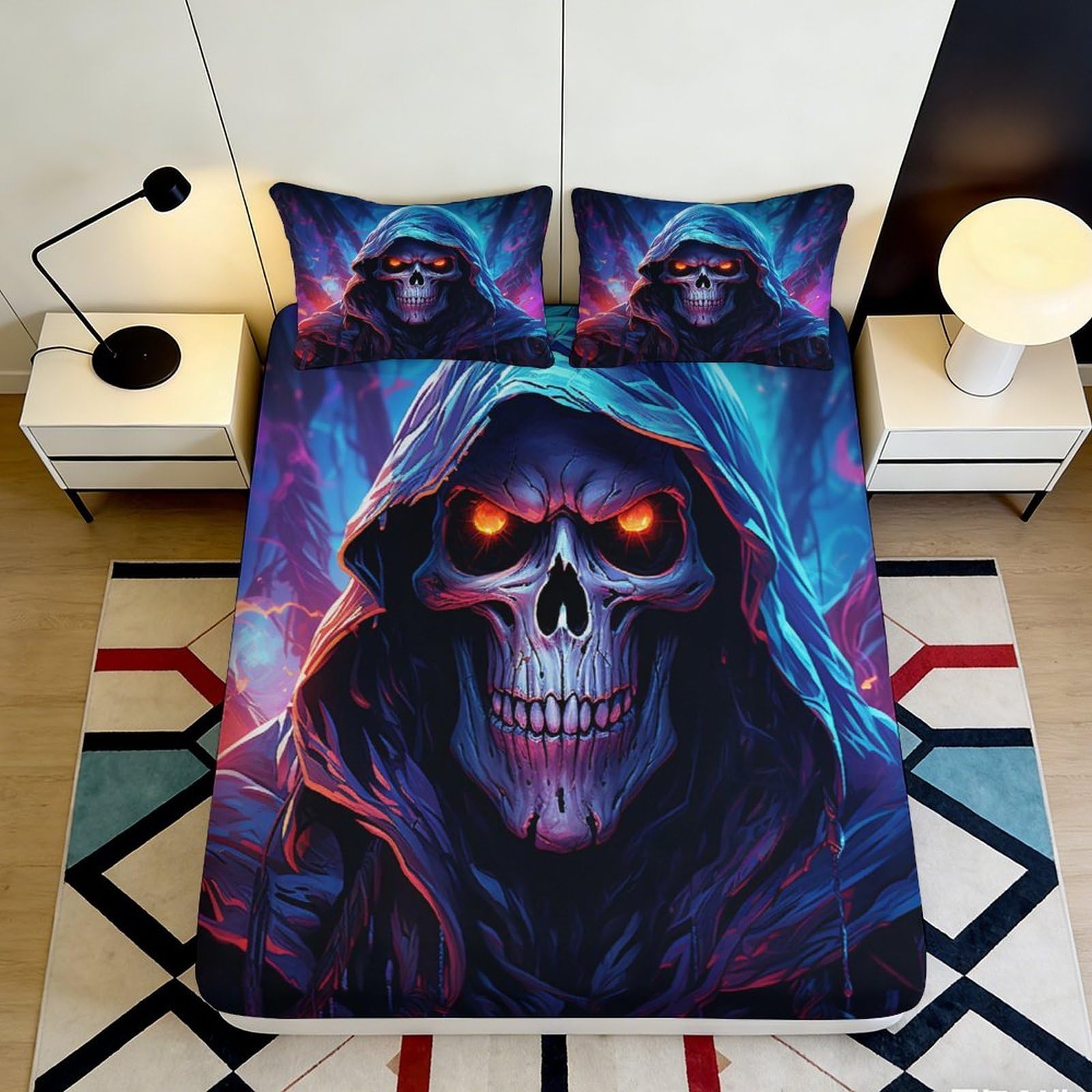 Pnayamiorkfel Style-7 3D Printed Dark Skull Fitted Sheet Microfiber Soft Elastic Gothic Hooded Skeleton Bed Cover For Bedroom Dorm Decor 90X200x25cm