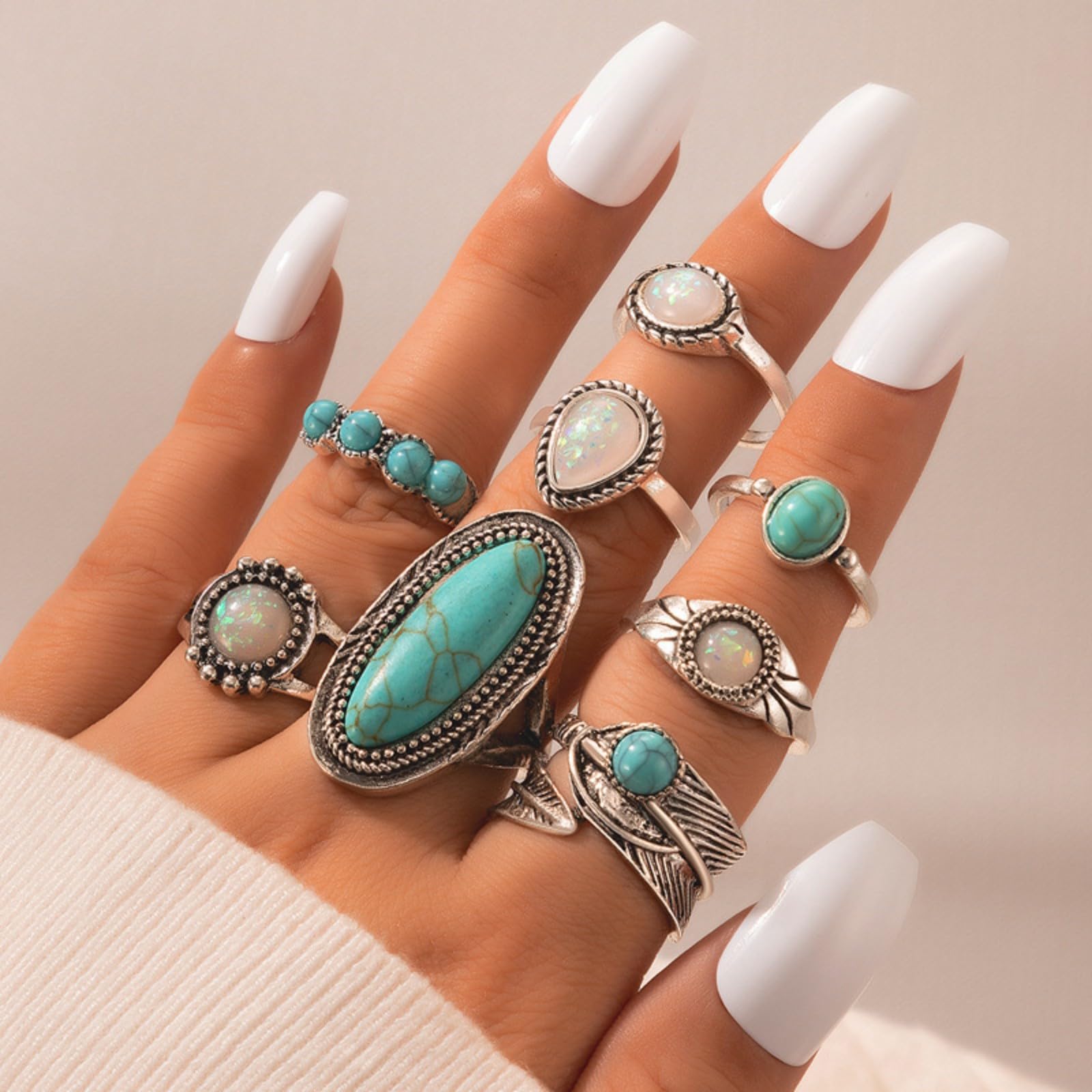 Juego de 8 anillos bohemios para nudillos para mujer, anillo de dedo turquesa ovalado vintage, ópalo, piedras preciosas, lágrima, midi, paquete de anillos punk, hoja punk, joyería diaria 3
