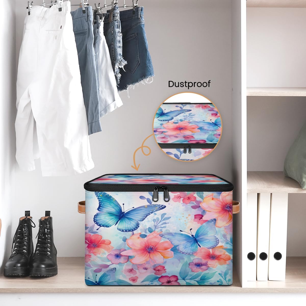 Storage Bin Set of 2 Flower Blue Butterfly Storage Basket with Zipper Lid & Handle Foldable Closet Shelf 2 Pack Cloth Organizer Basket Cube Bins Clothes Organizer for Nursery, Bedroom