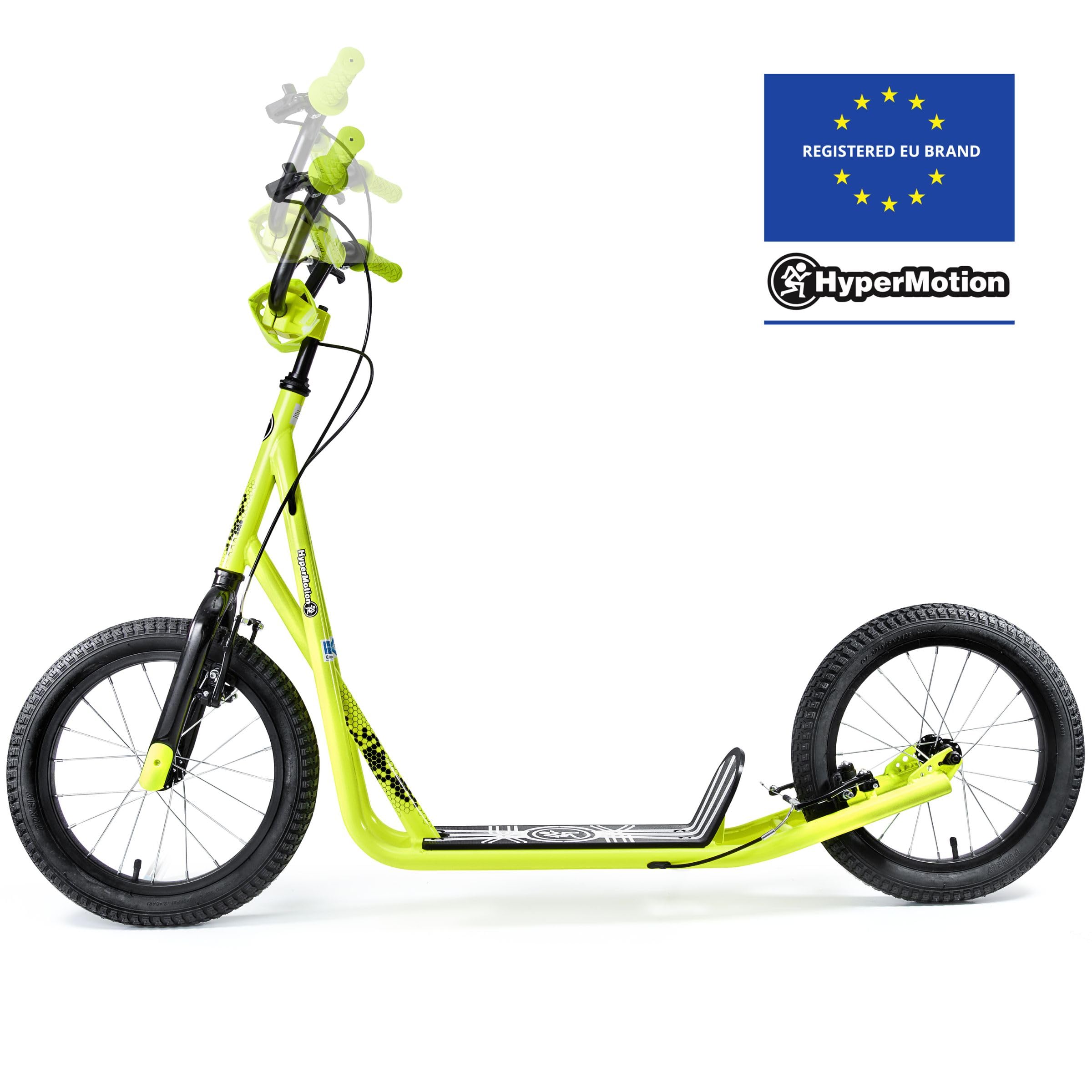 HyperMotion Runkie Patinete Urbano 16 Pulgadas Ruedas Inflables, Manillar Ajustable, Doble Freno Manual, para Niños Desde 8 Años, Jóvenes y Adultos, Amarillo