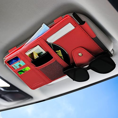 Car Sun Visor Organizer, Leather Pocket Organizer Sunglass Holder for Car Interior Accessories with Multi-Pocket Net Zipper (Red)