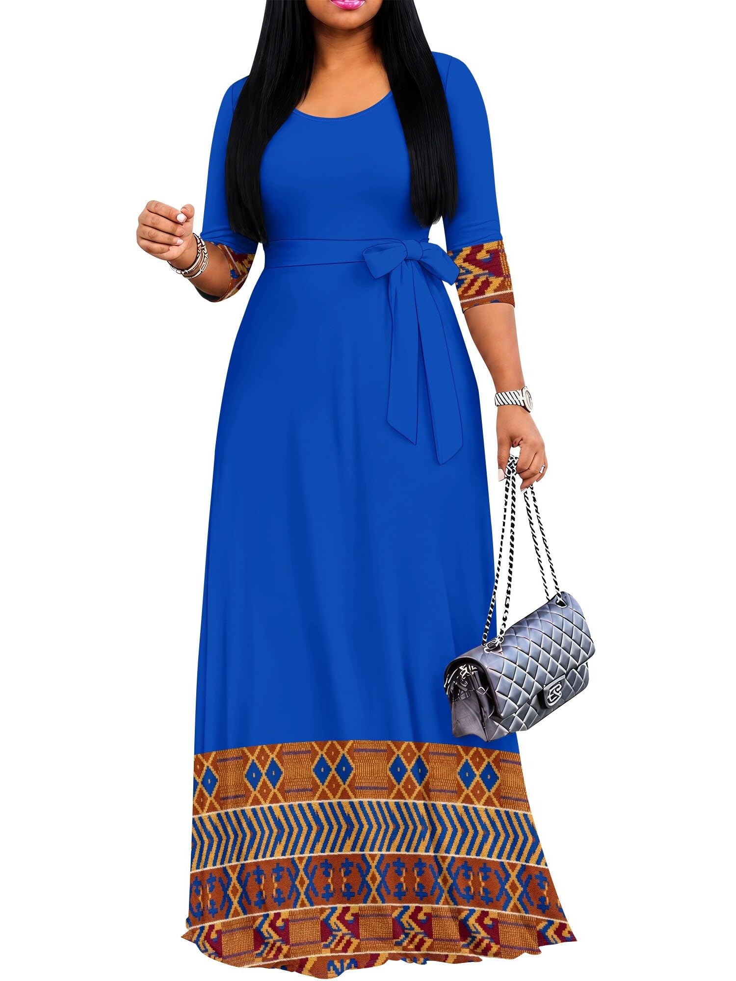 PinkPatty Women's Plus Size V Neck 3/4 Sleeve Boho Maxi Dress with Pockets | Boho printed maxi dress with pockets and tie waist for travel, vacations, weddings, church, parties, and daily wear
