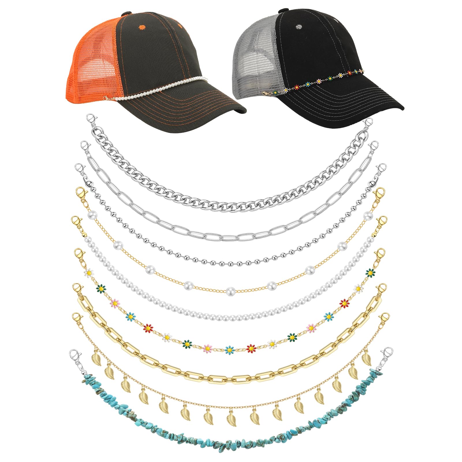 LORACOXS 9PCS Tracker Hat Chains for Women Tracker Hat Accessories, Mesh Baseball Cap Brim Chains, Trucker Hat Chains Bill Decoration, DIY Detachable Hat Jewelry
